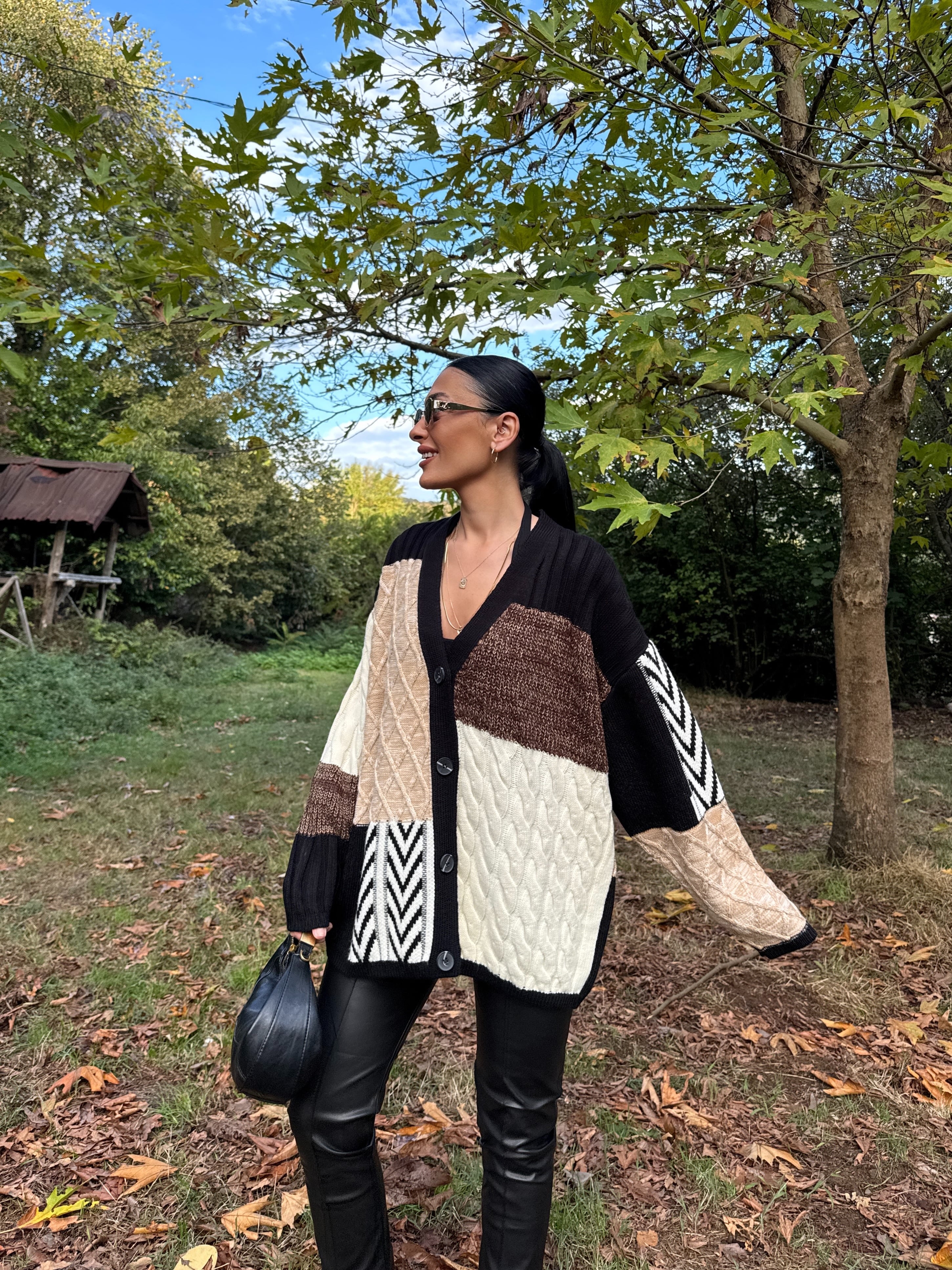 Etnik Desen Oversize Hırka - Kahve