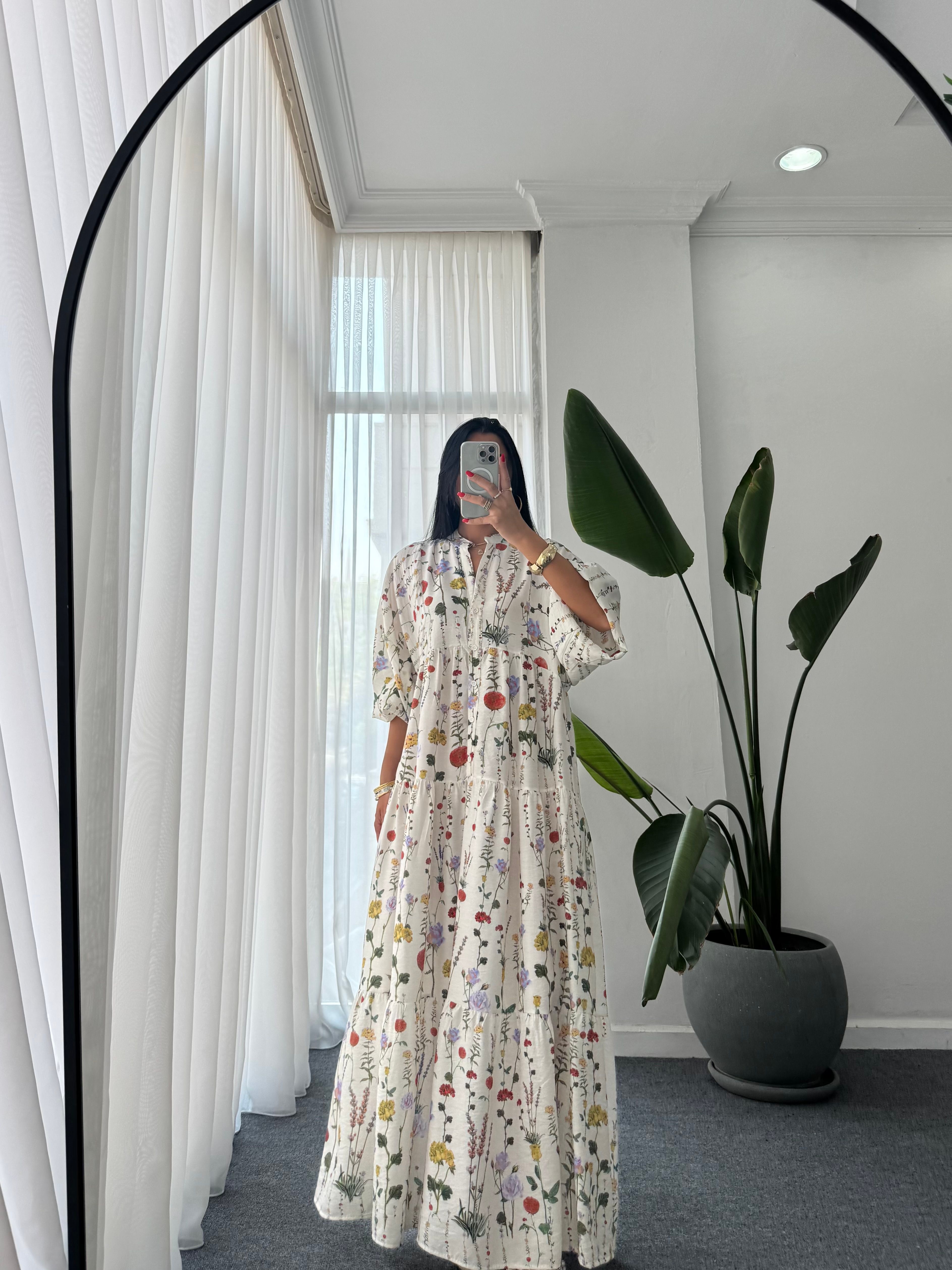 Katleya Model Çiçek Desen Elbise - Ekru
