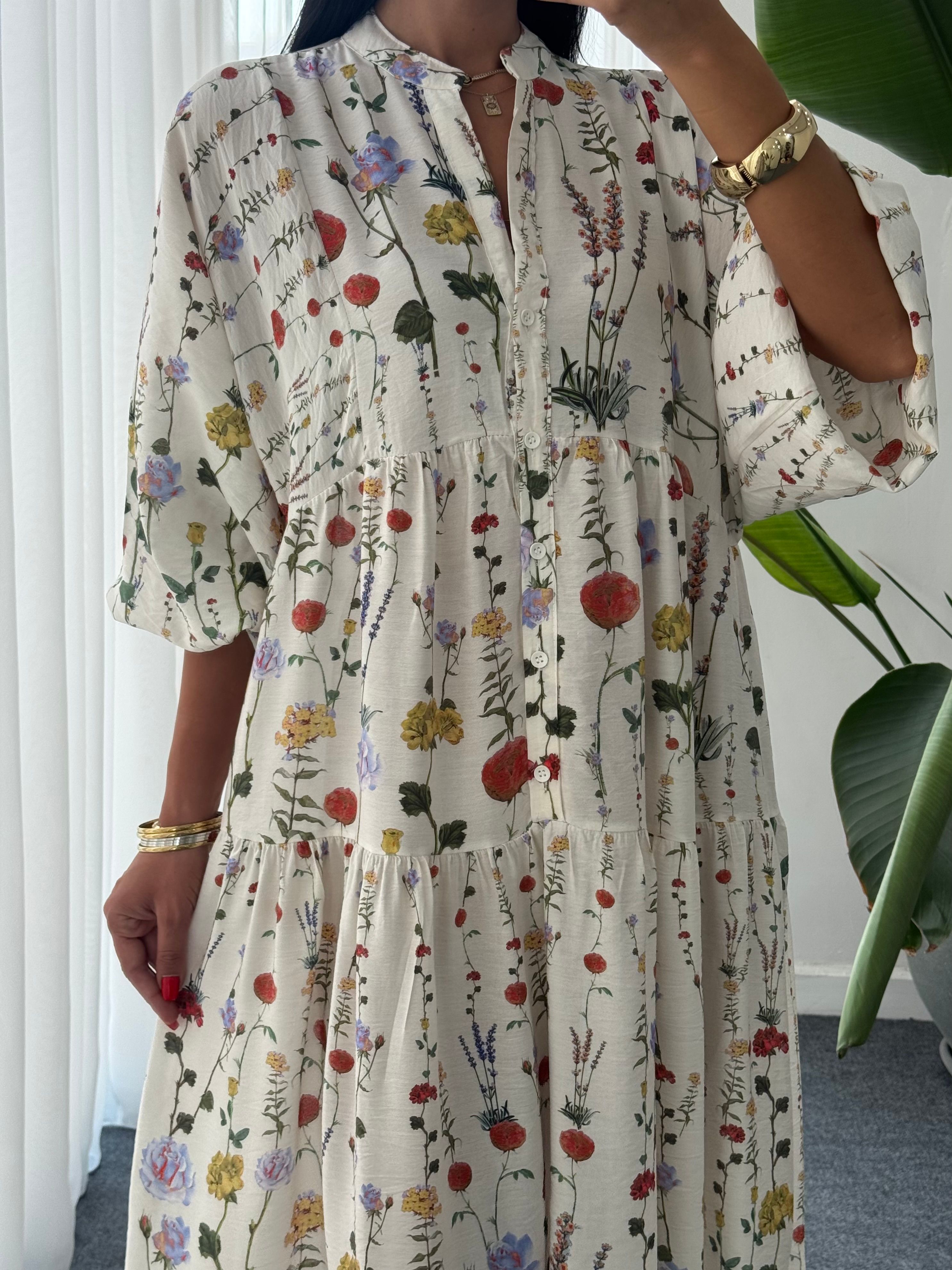 Katleya Model Çiçek Desen Elbise - Ekru