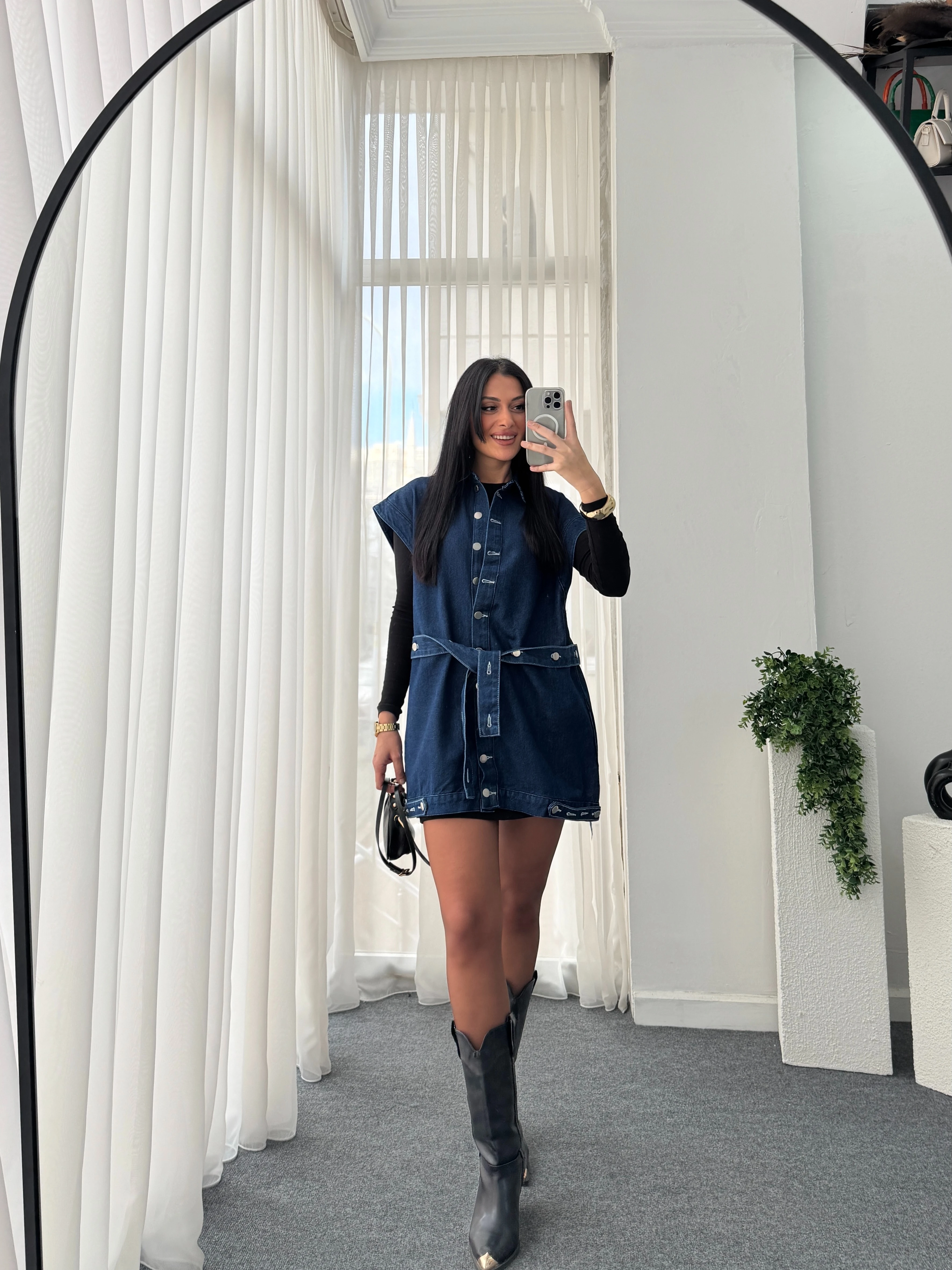 Düğme Detay Kot Yelek 