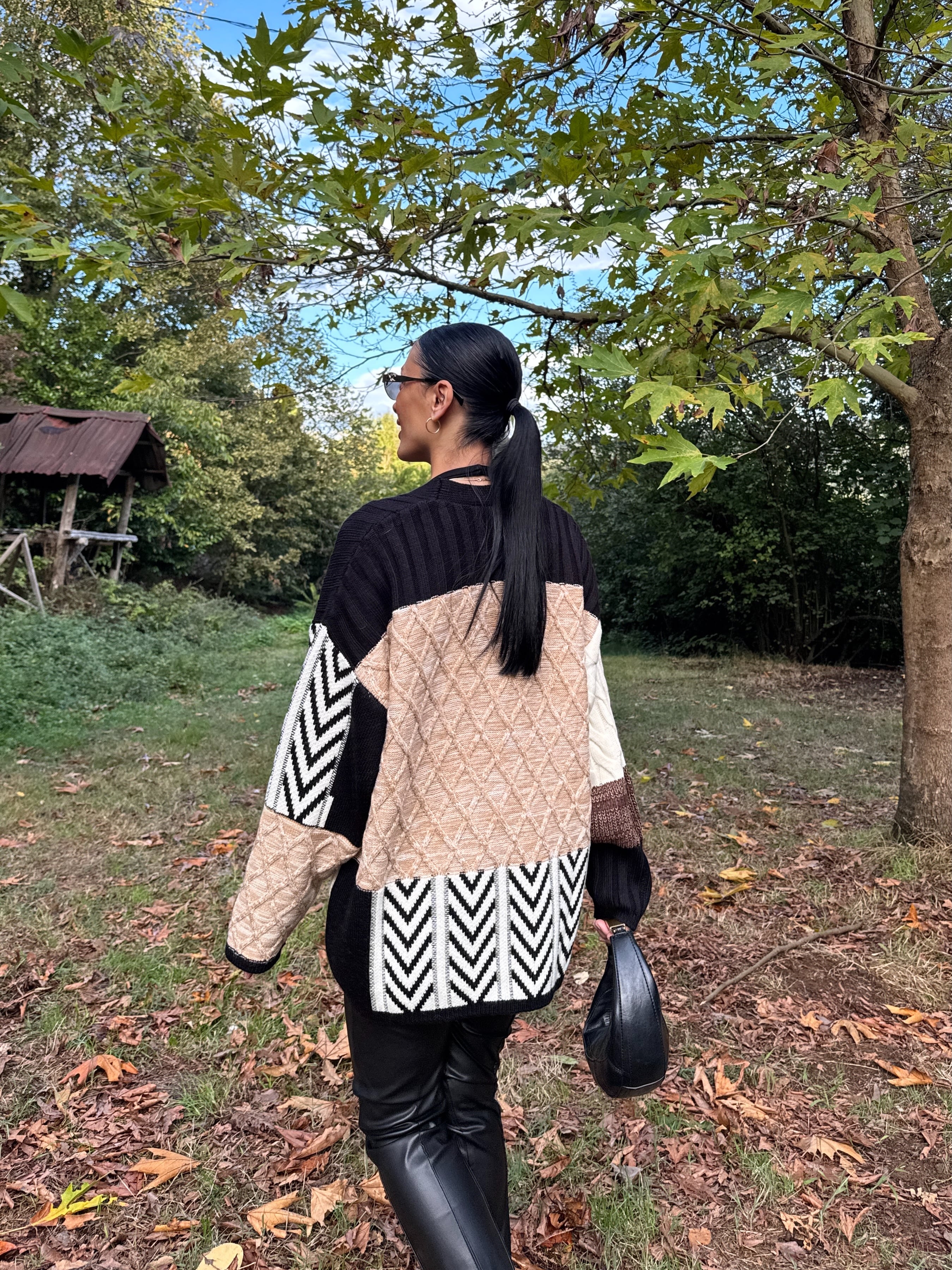 Etnik Desen Oversize Hırka - Kahve