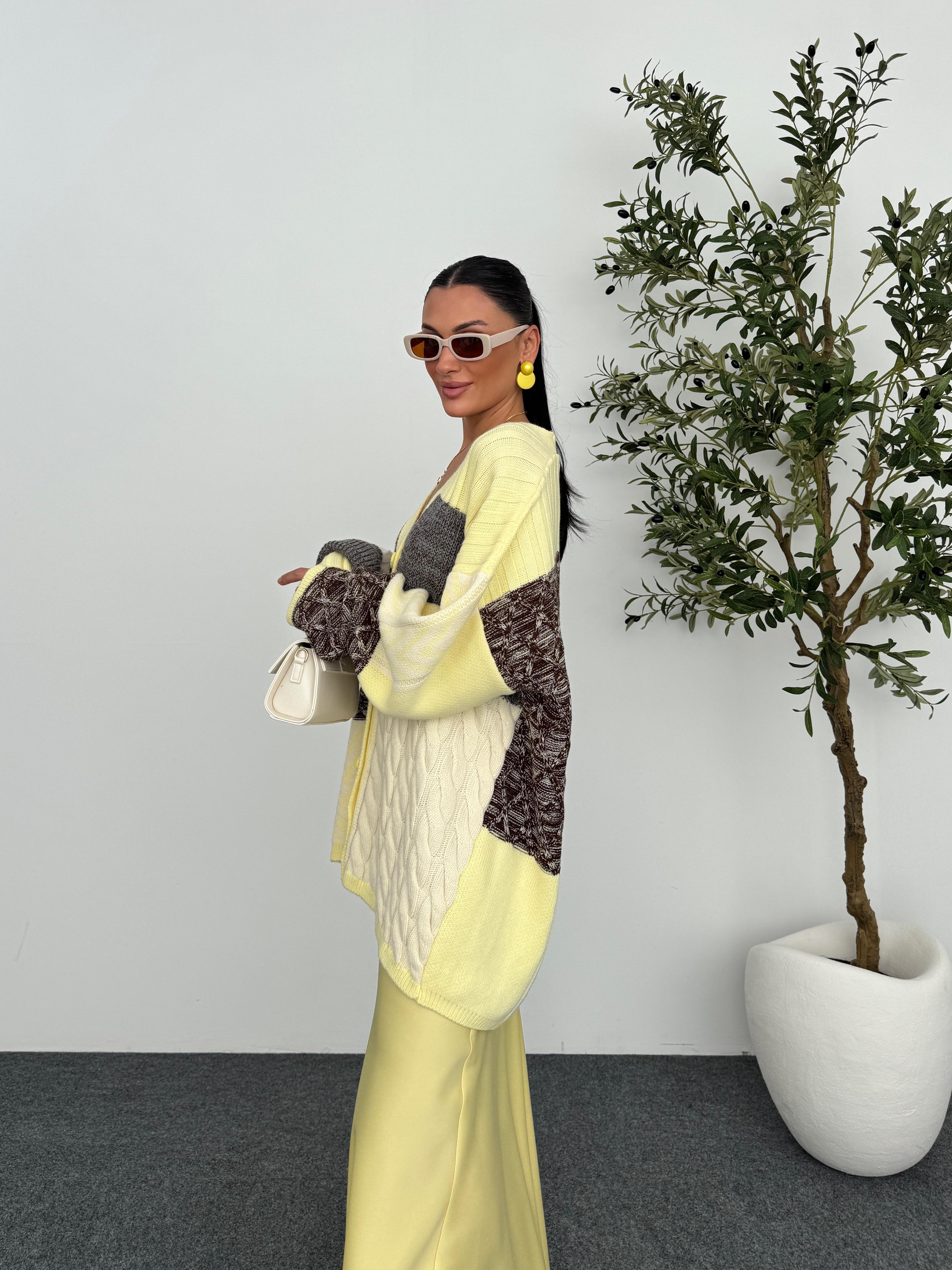 Etnik Desen Oversize Hırka  - Sarı
