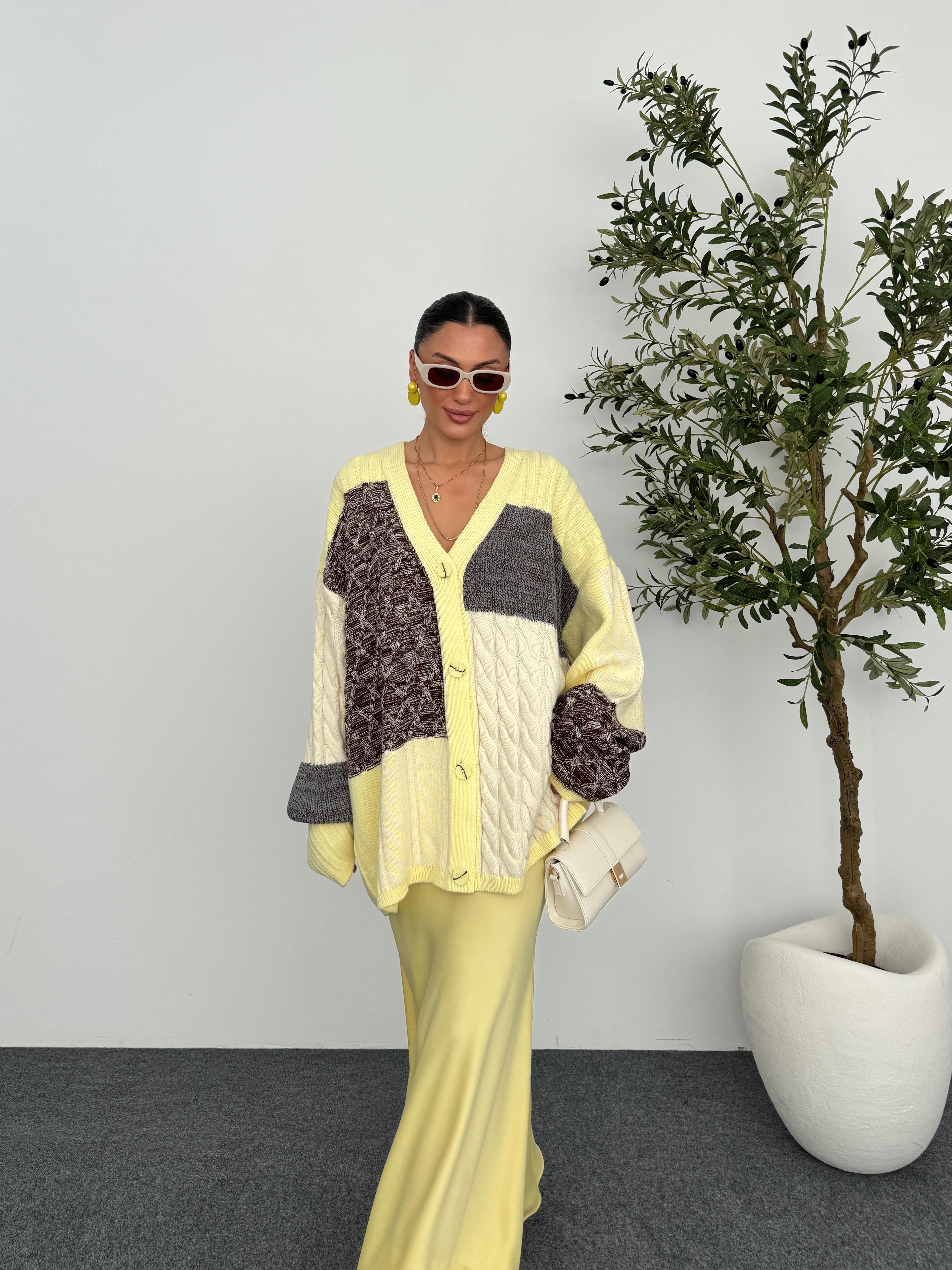 Etnik Desen Oversize Hırka  - Sarı