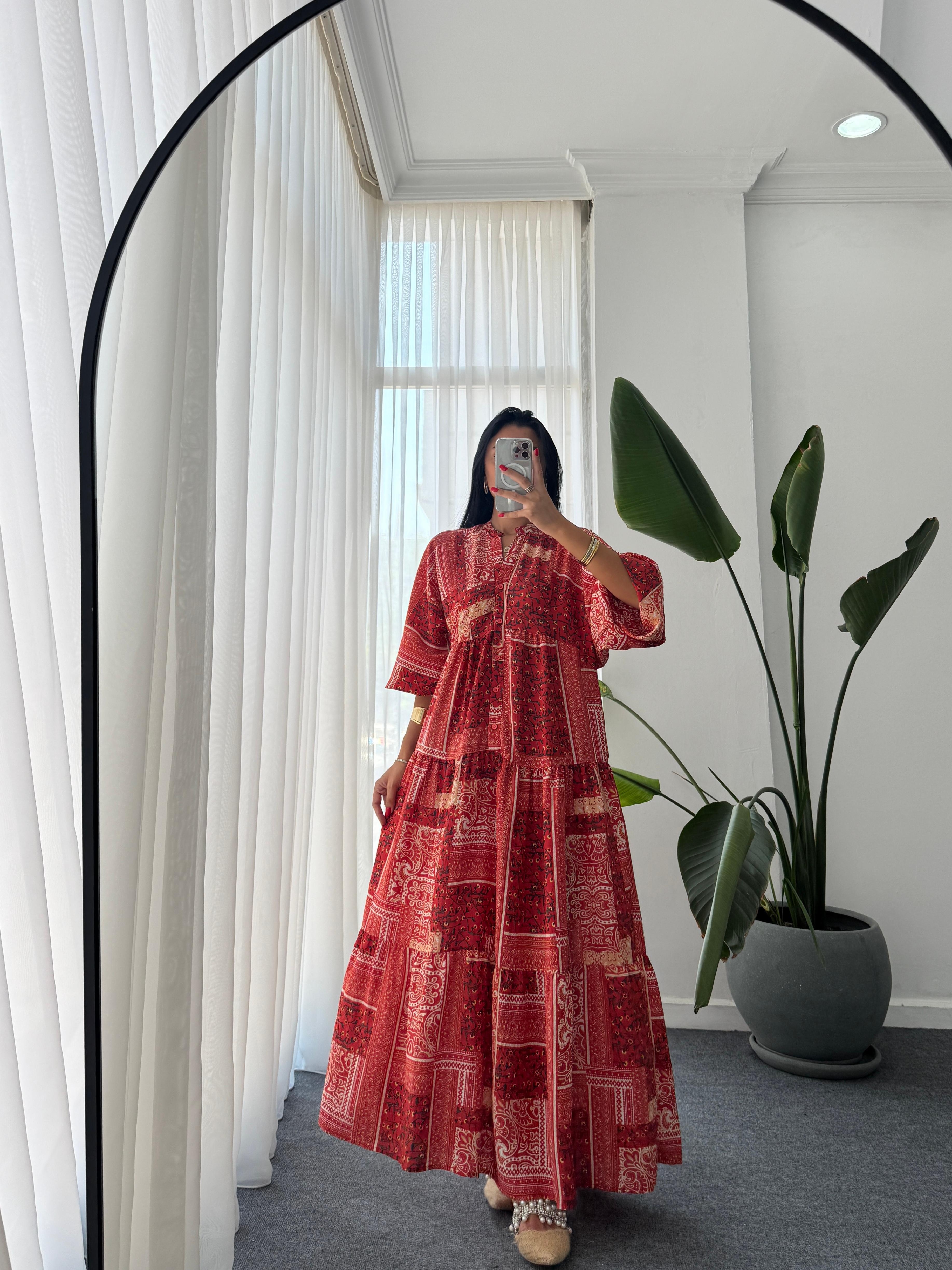 Etnik Desen Katleya Model Elbise - Kırmızı 