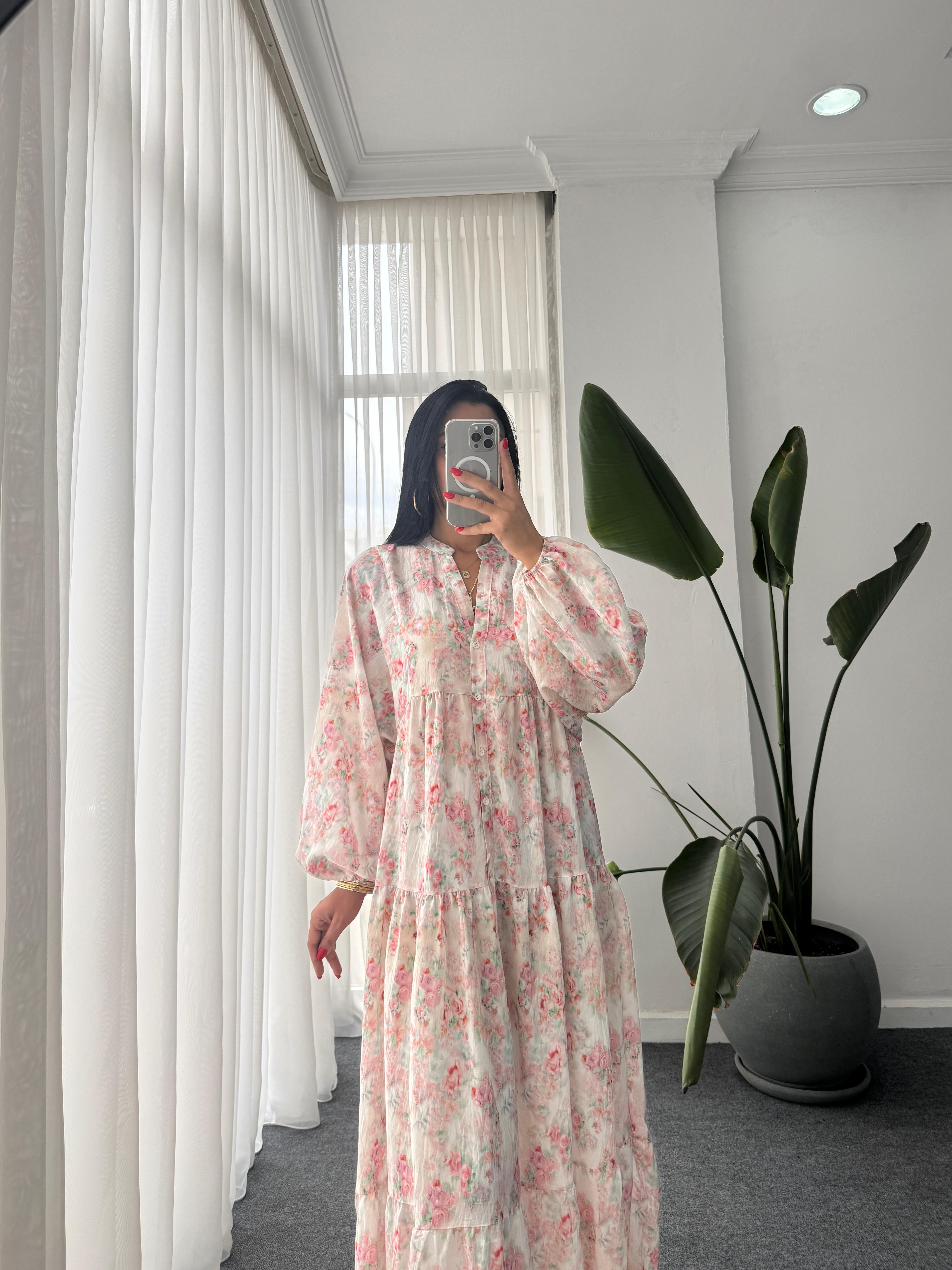 Gül Desen Katleya Model Elbise - Pembe 