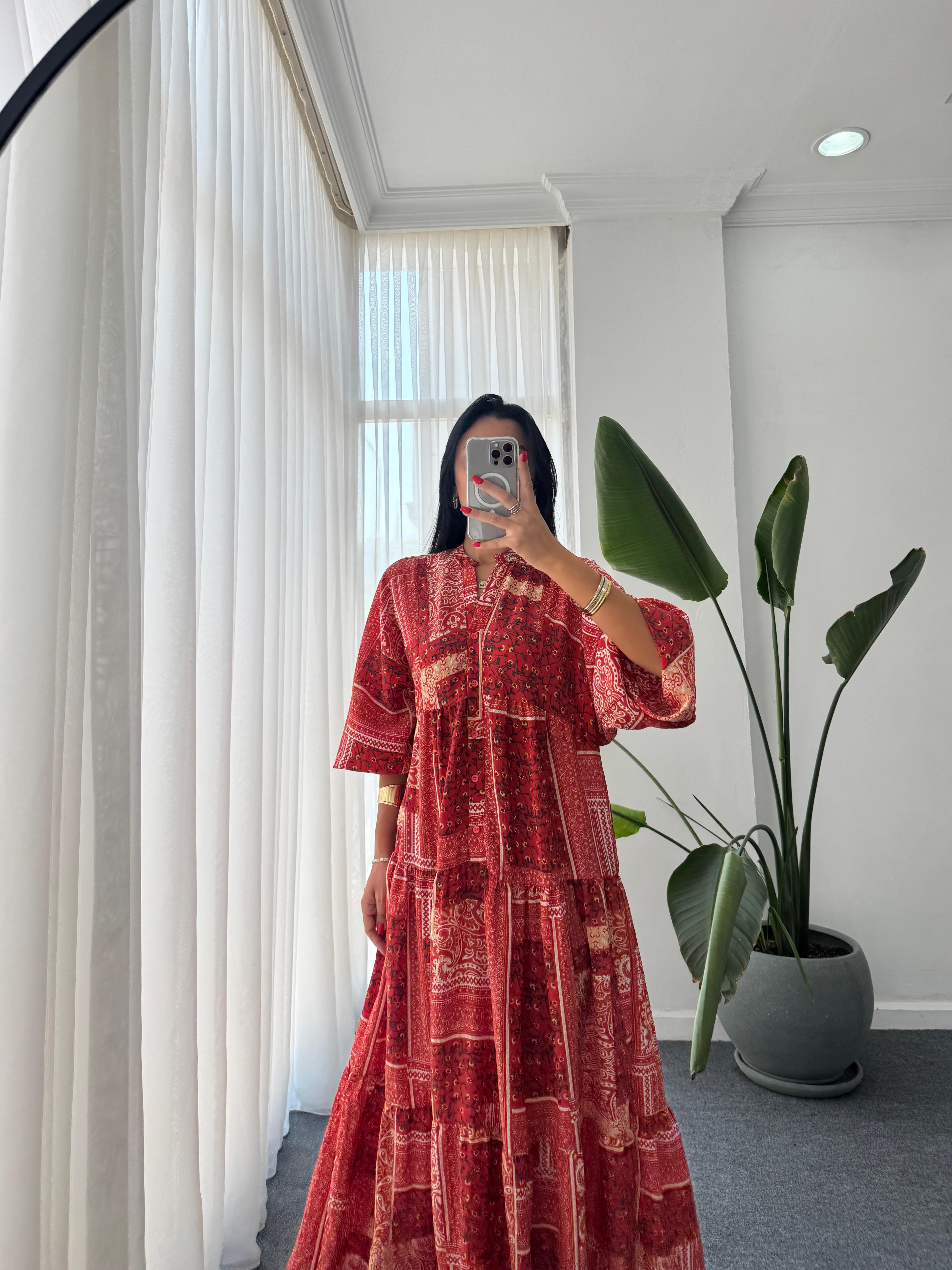 Etnik Desen Katleya Model Elbise - Kırmızı 