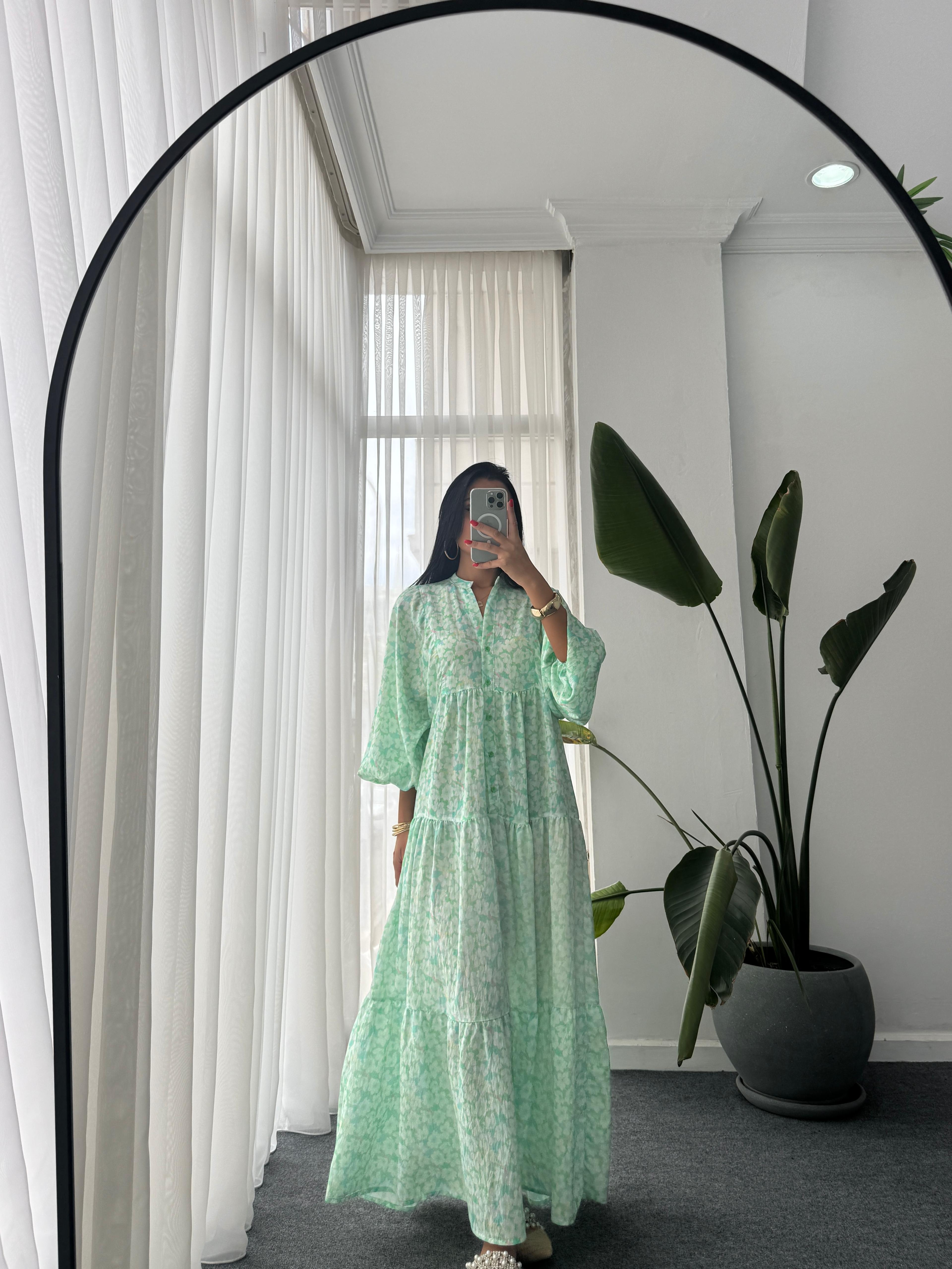 Desenli Katleya Model Elbise - Yeşil