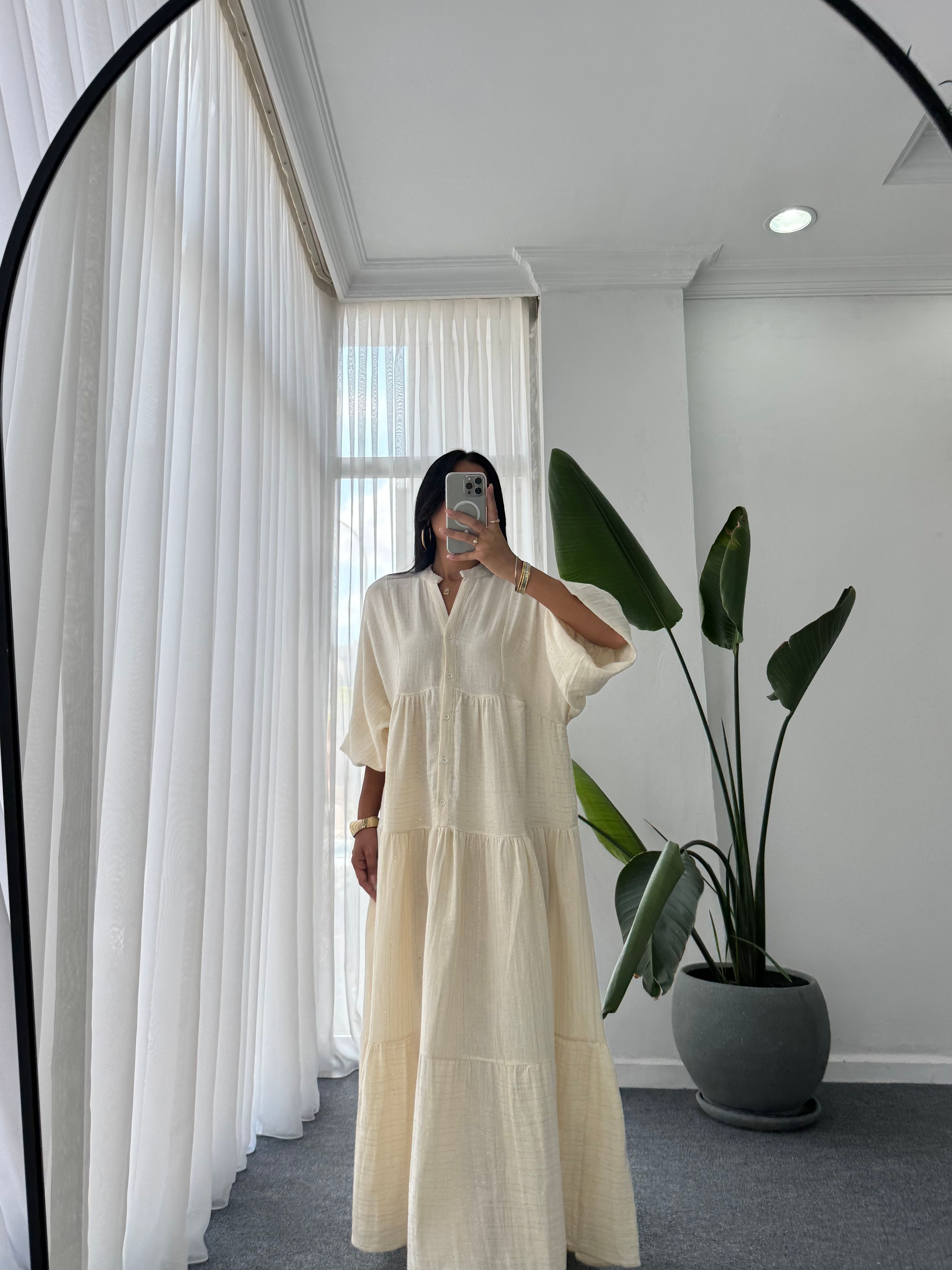 Gold Desen Katleya Model Elbise - Ekru