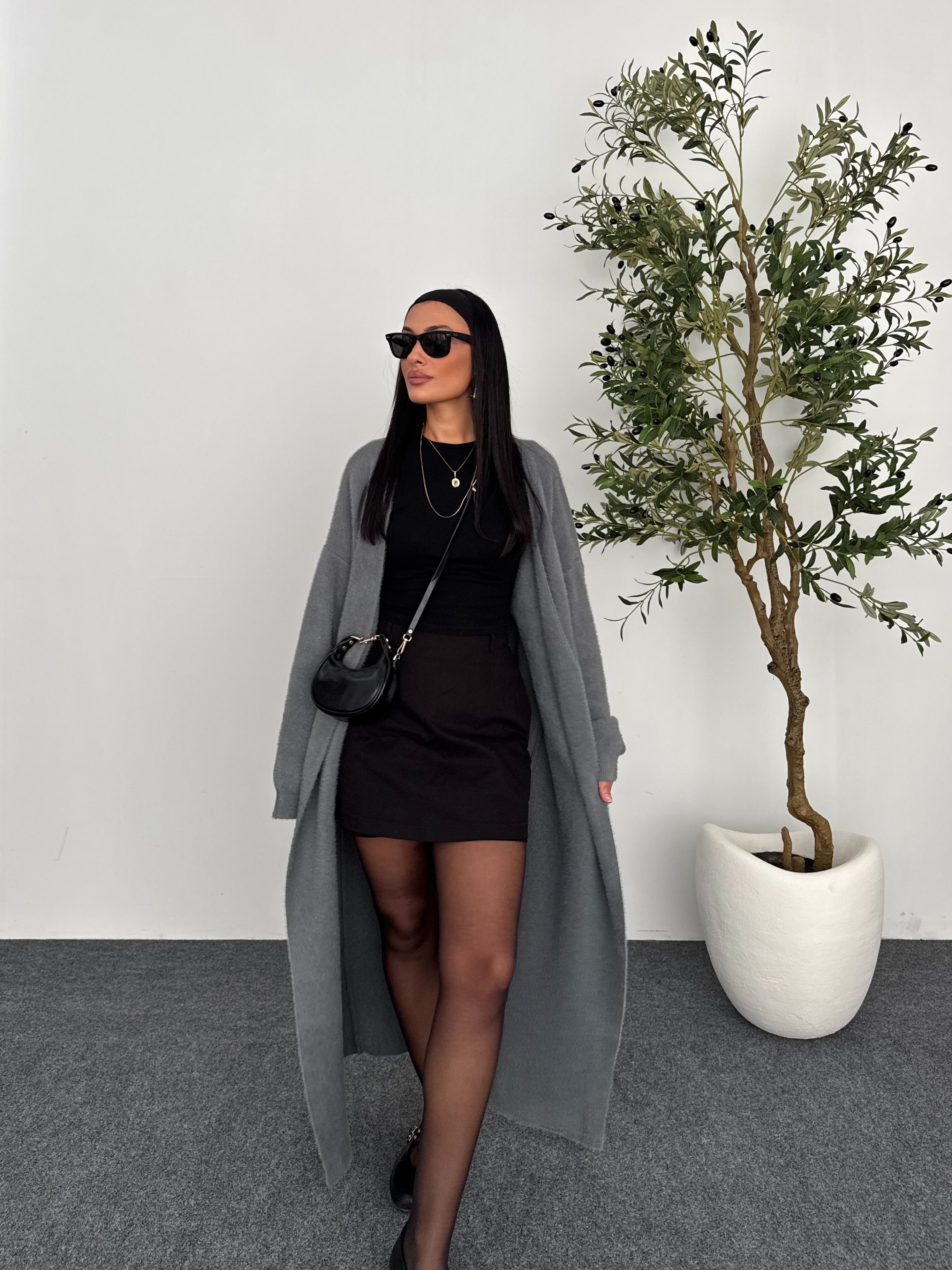Oversize Maxi Boy Hırka - Gri