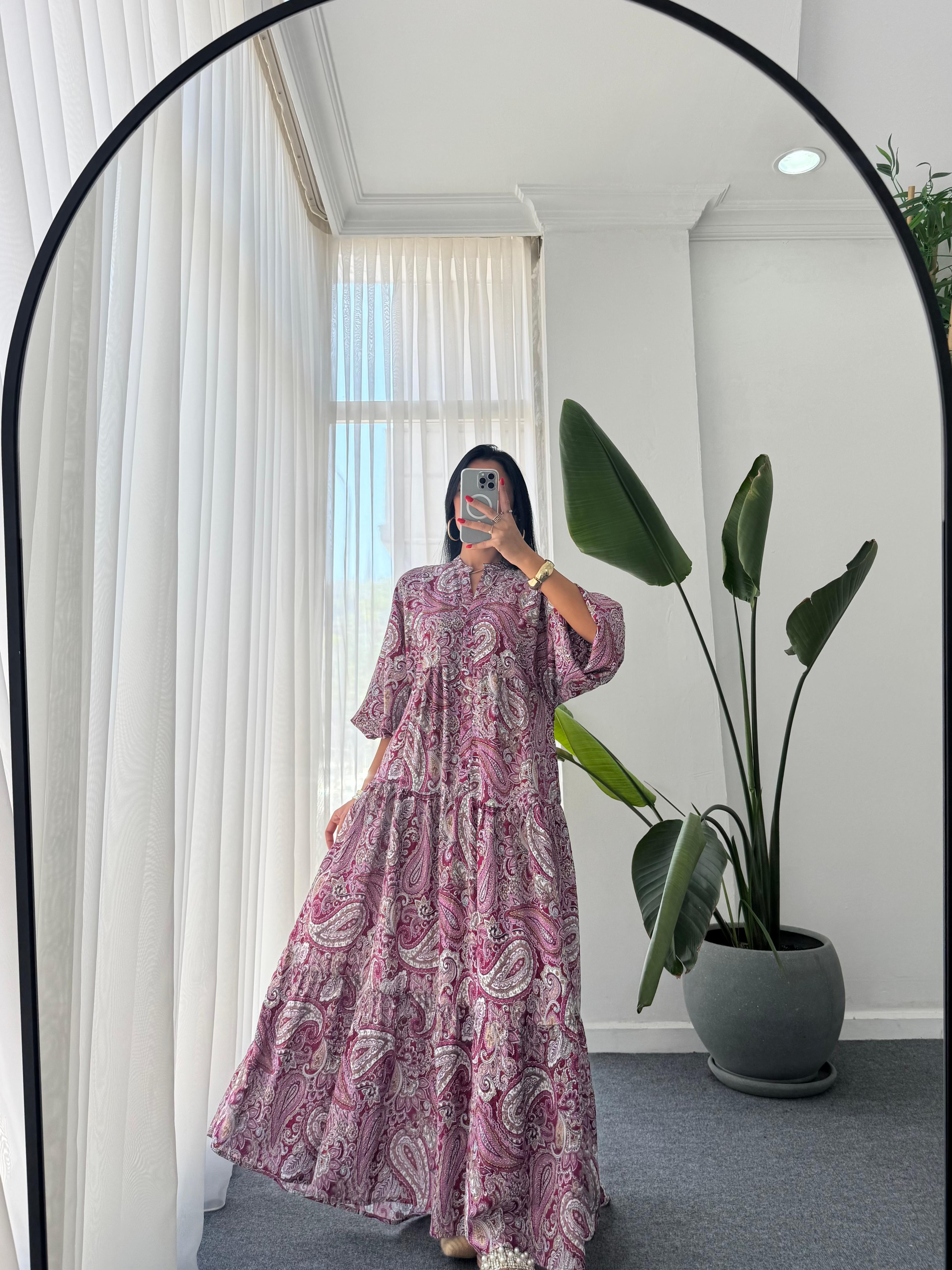 Katleya Model Etnik Desen Elbise - Mürdüm