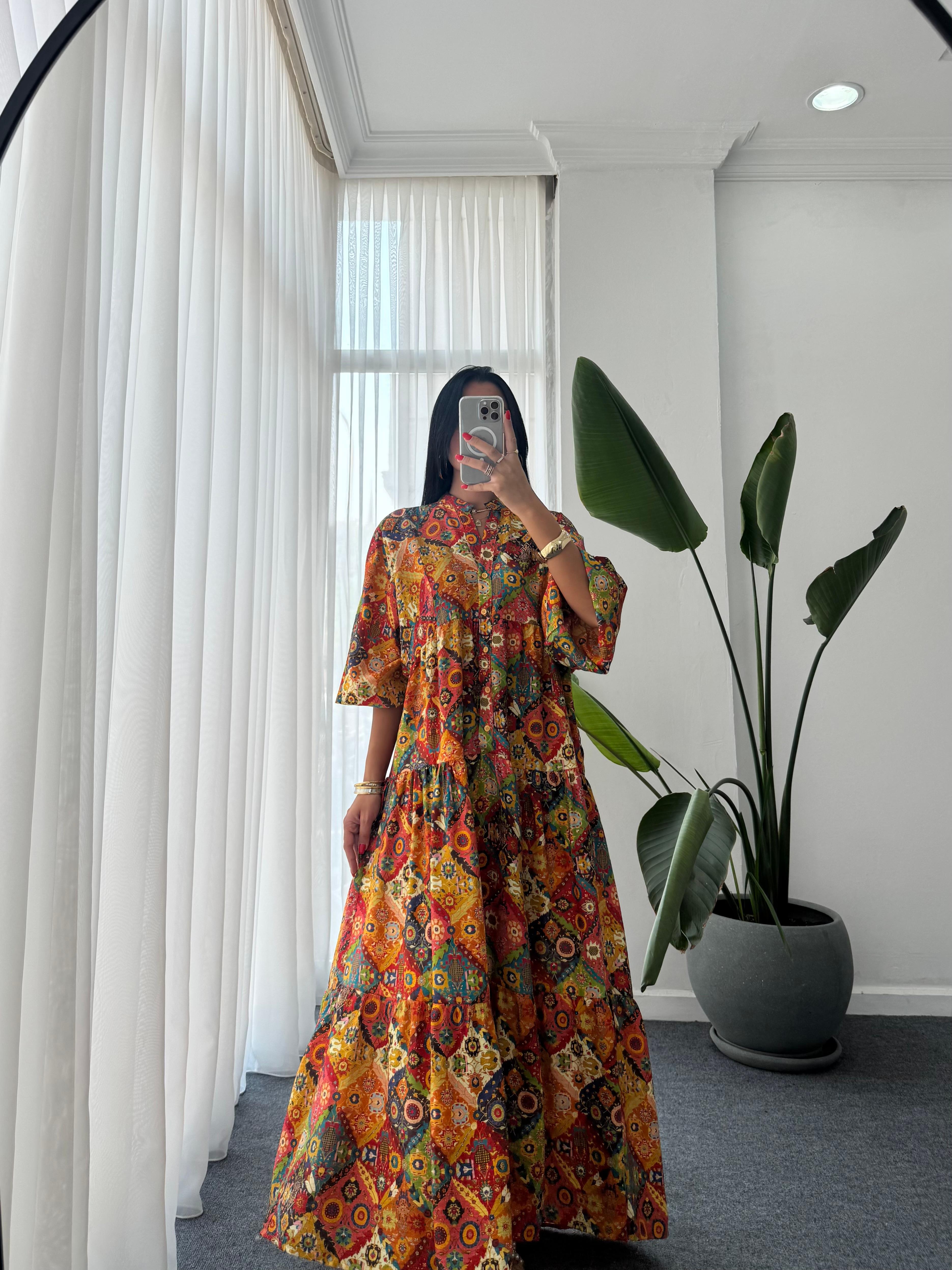 Katleya Model Etnik Desen Elbise - Renkli