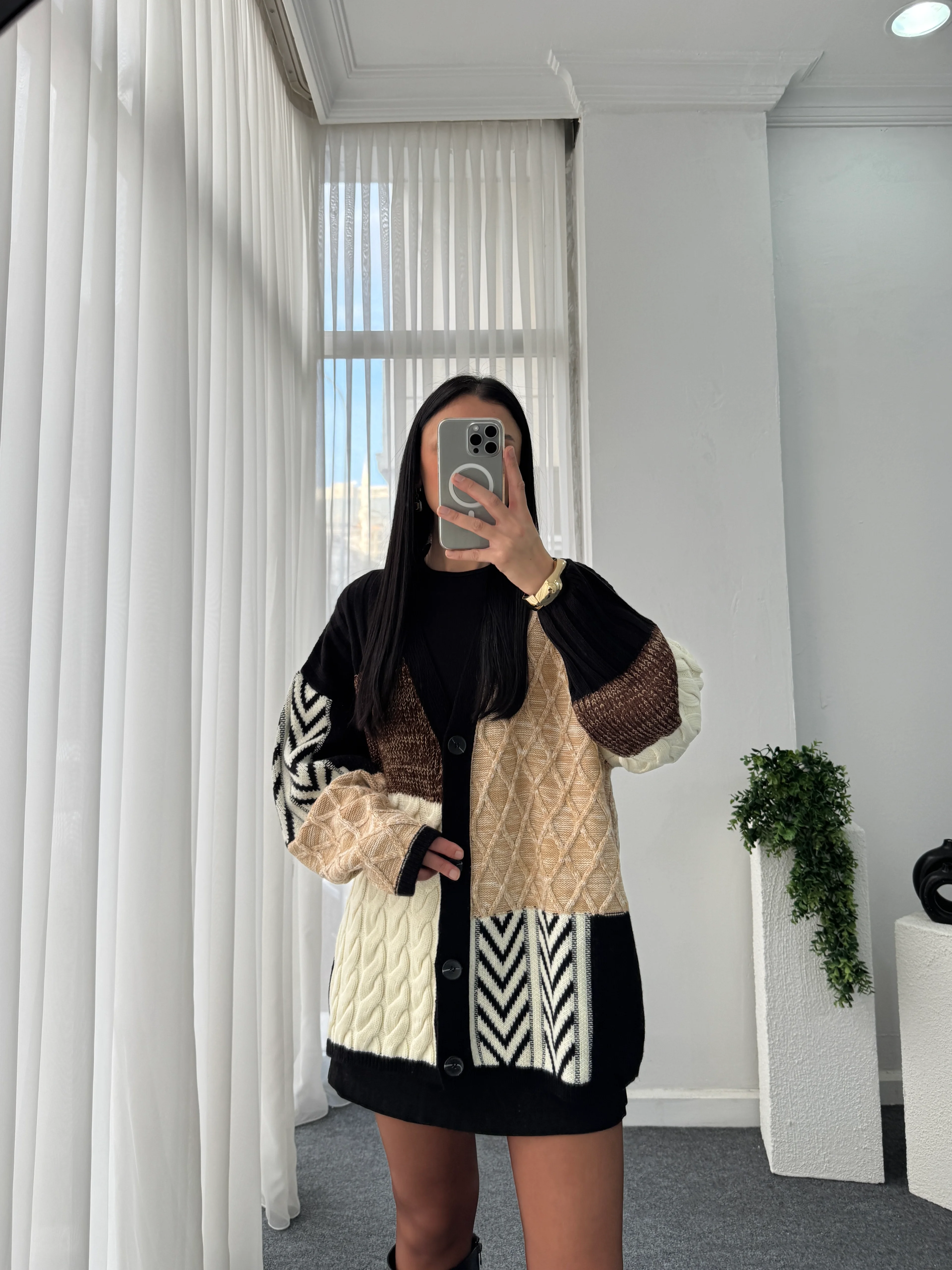 Etnik Desen Oversize Hırka - Kahve