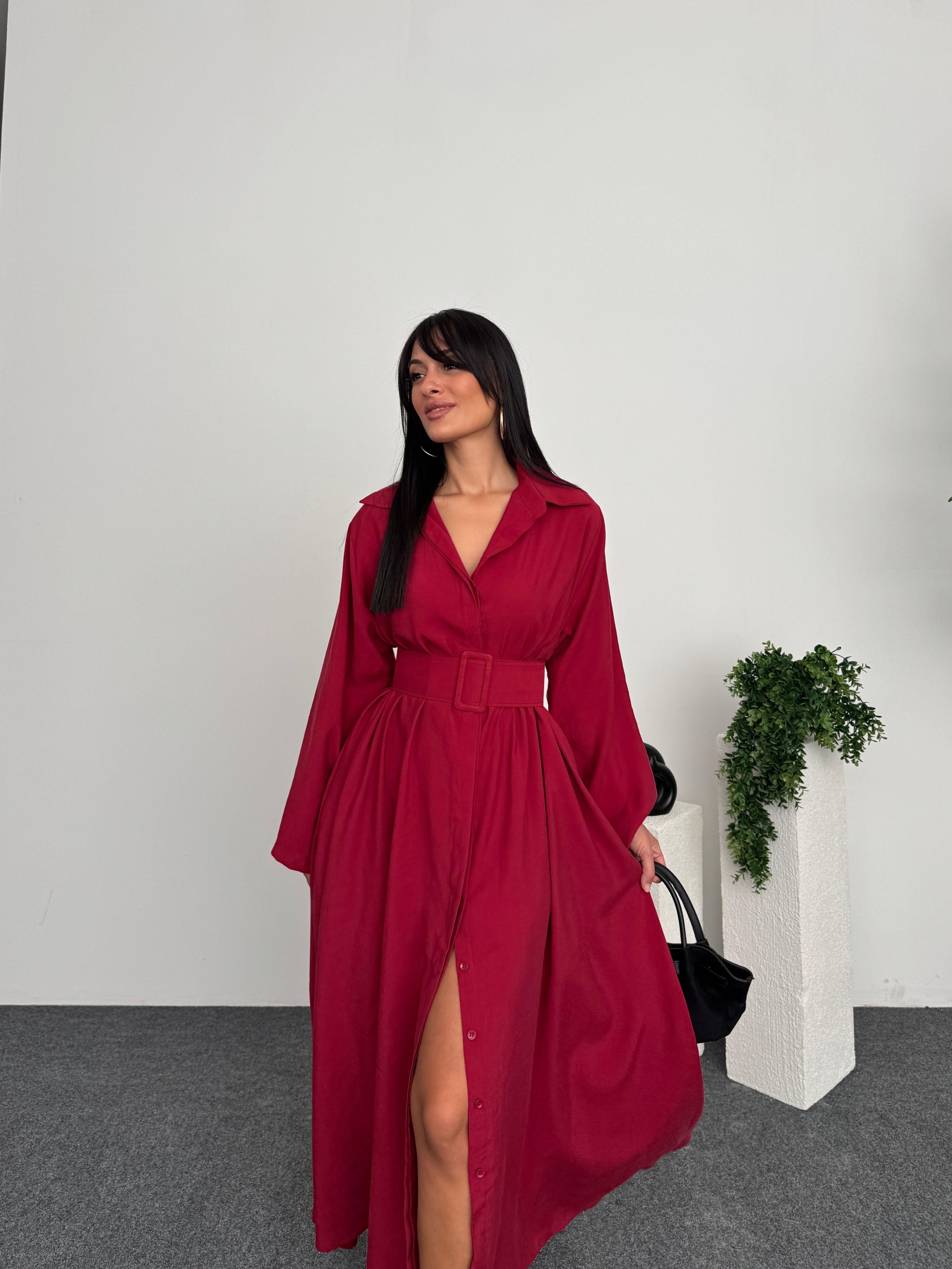 Hakim Yaka Oversize Kemerli Elbise
