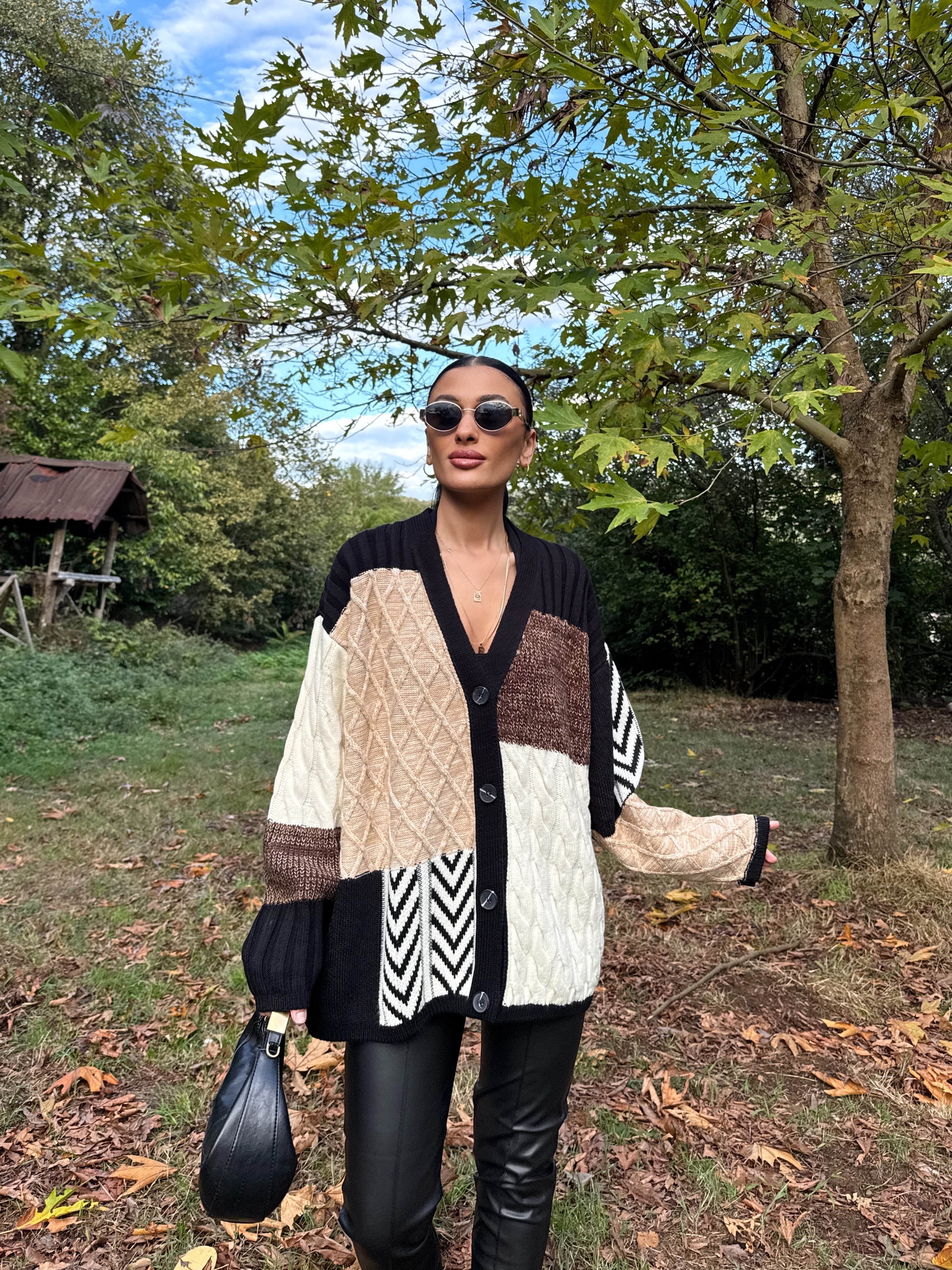 Etnik Desen Oversize Hırka - Kahve