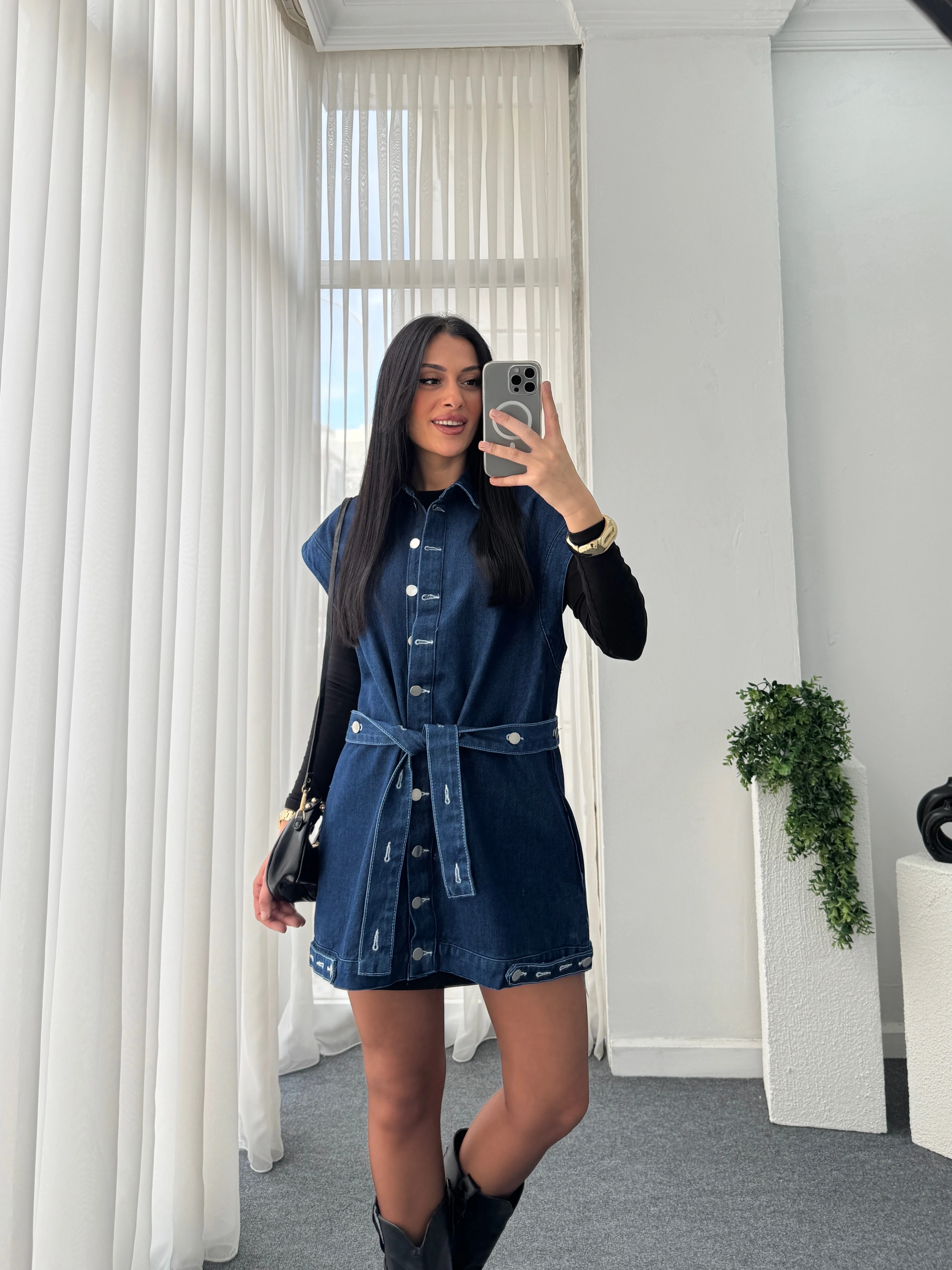 Düğme Detay Kot Yelek 