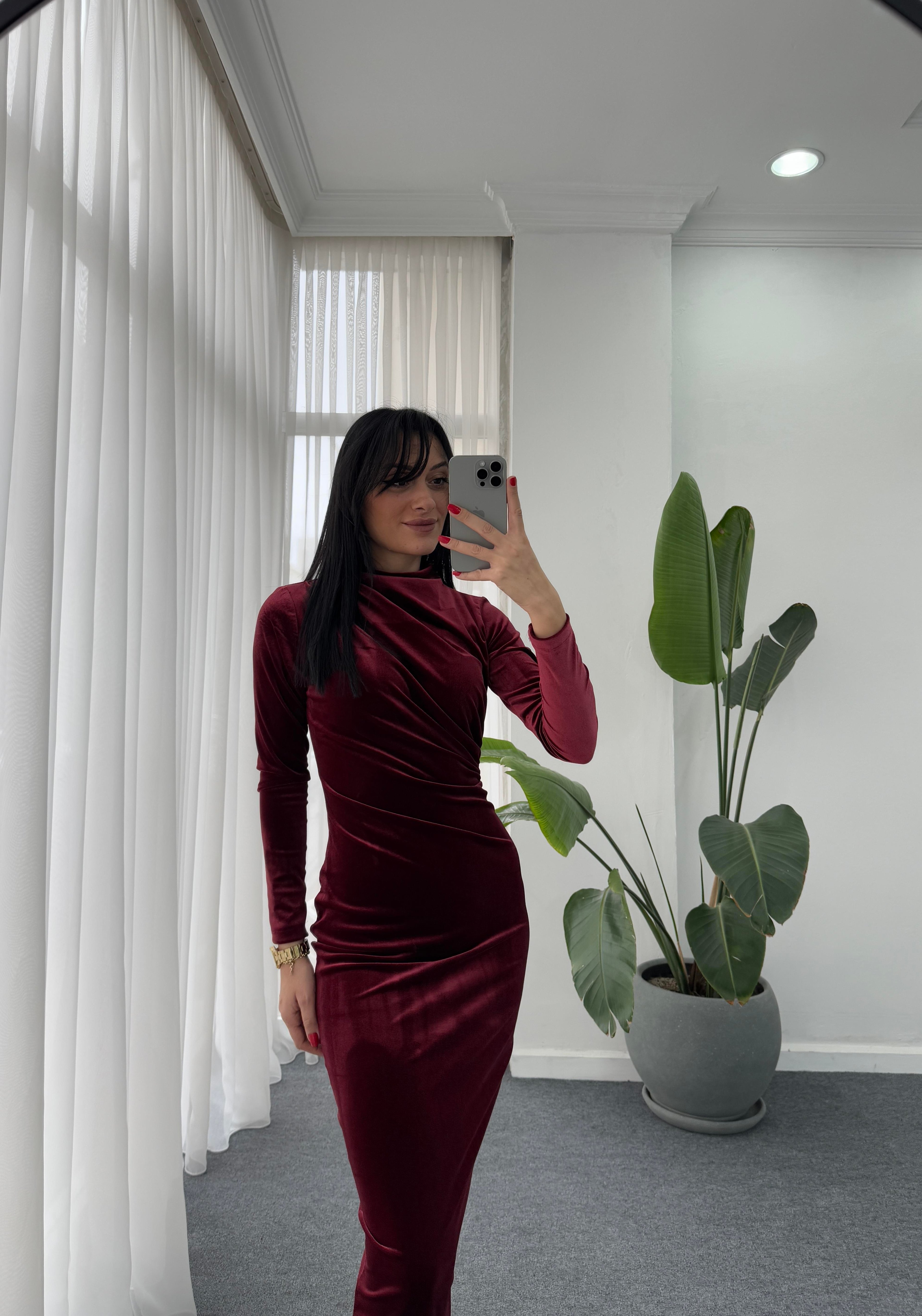 Drape Detay Kadife Elbise