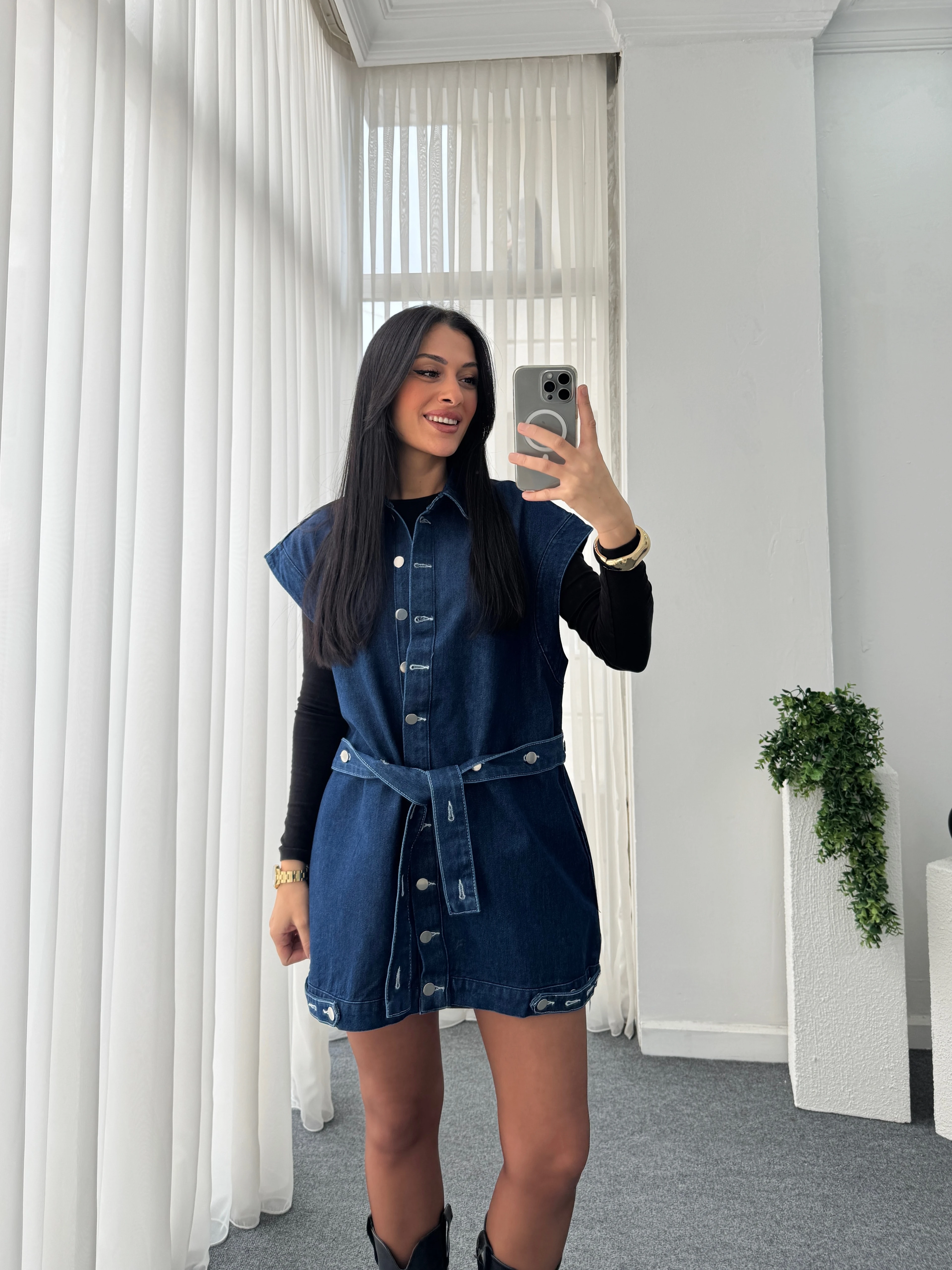 Düğme Detay Kot Yelek 