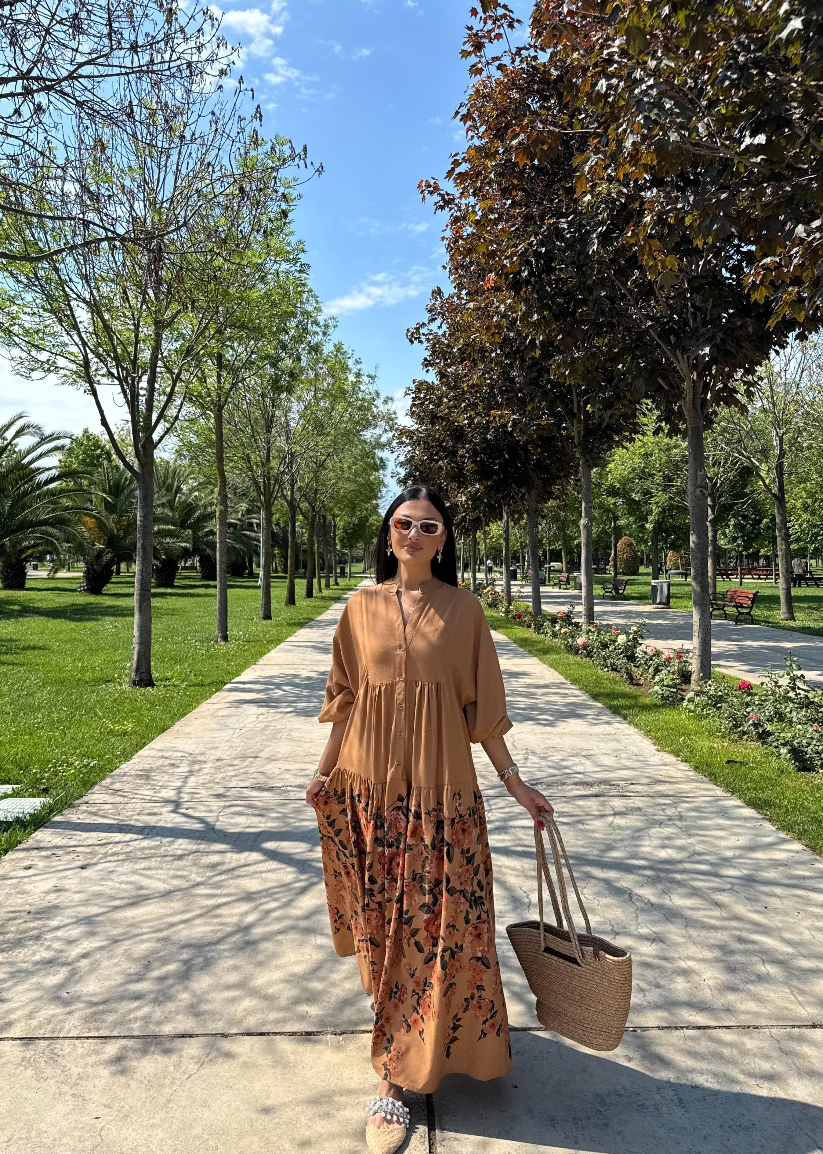 Çiçek Desen Balon Kol Elbise