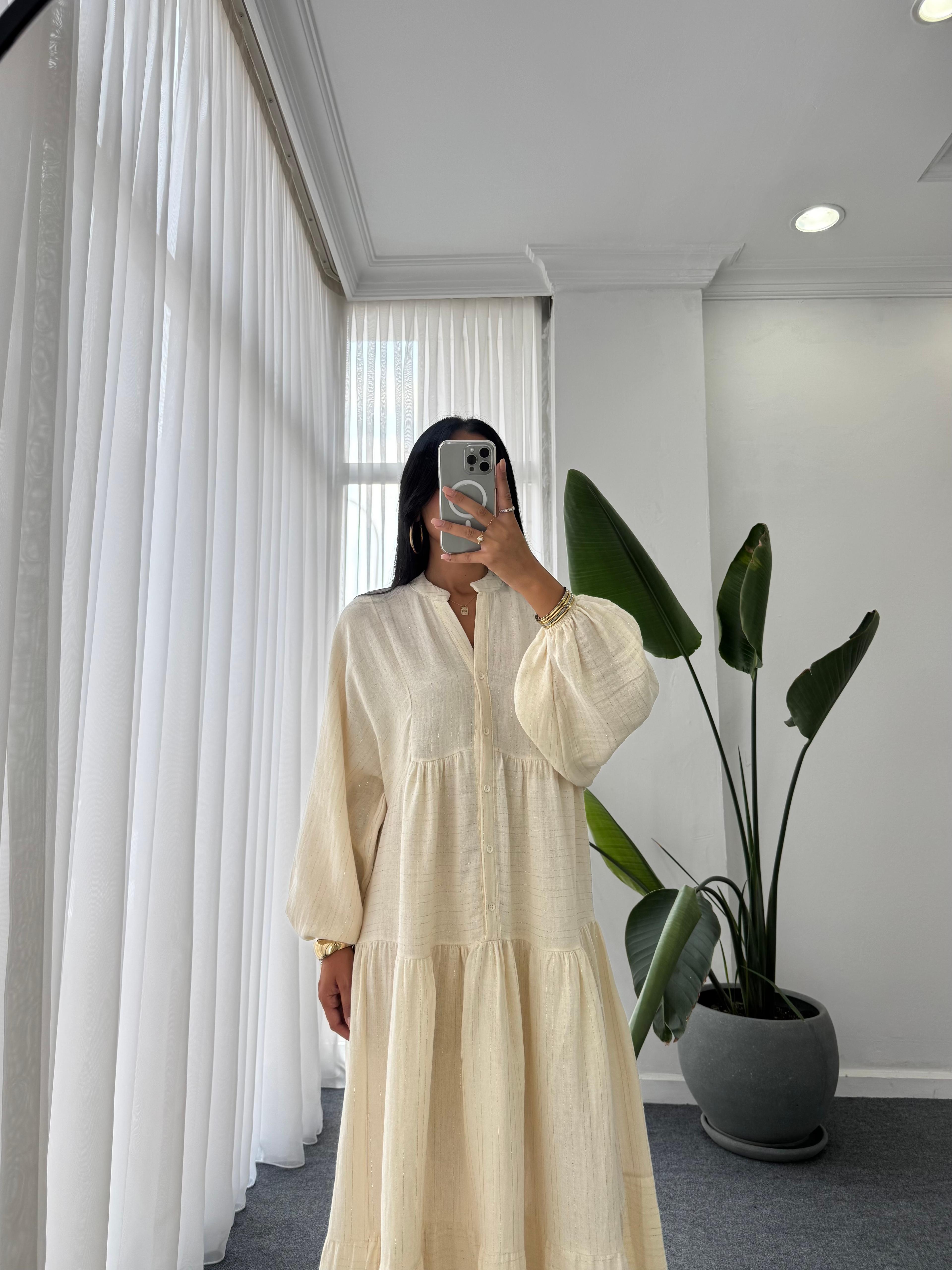 Gold Desen Katleya Model Elbise - Ekru