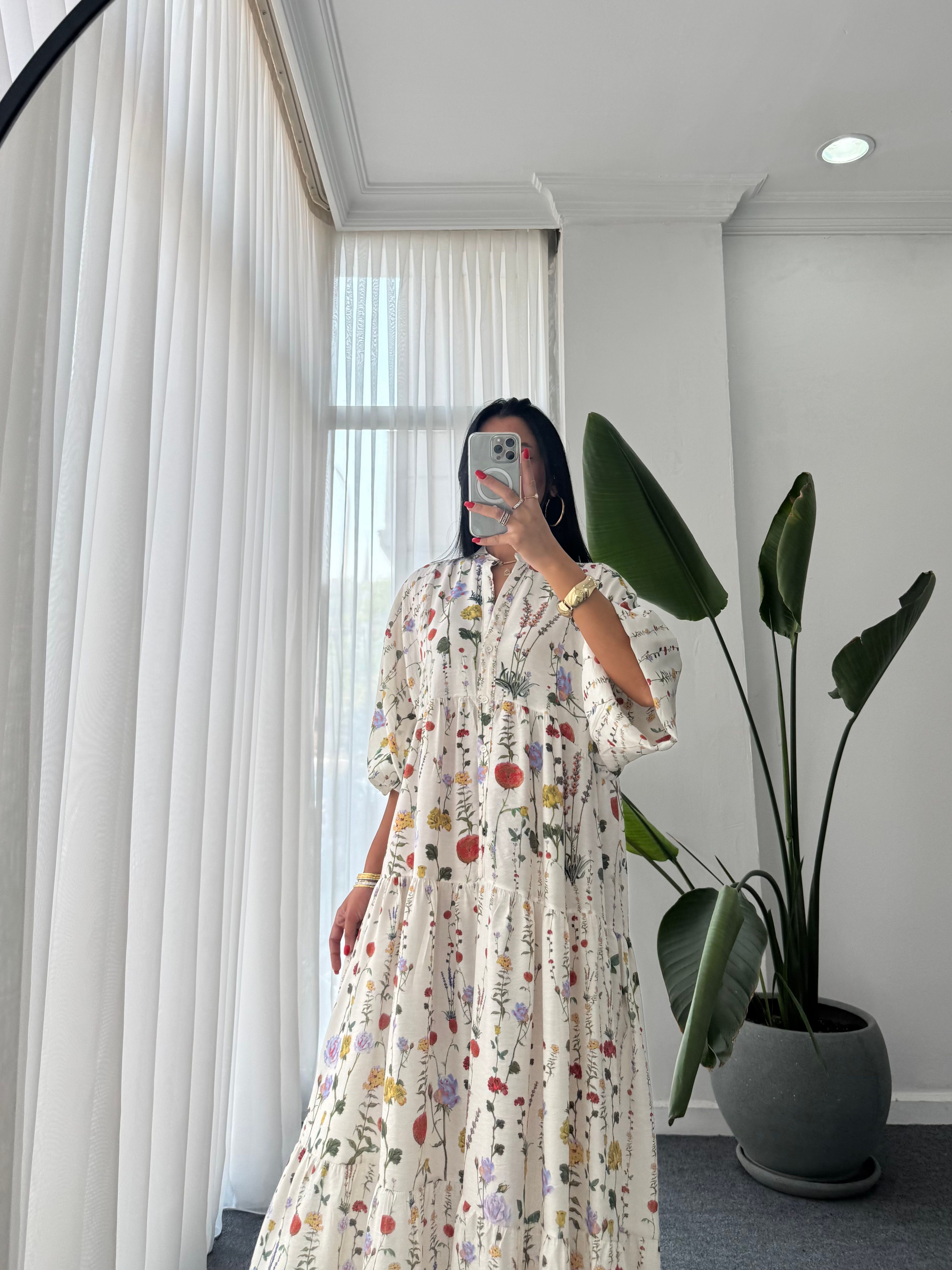 Katleya Model Çiçek Desen Elbise - Ekru
