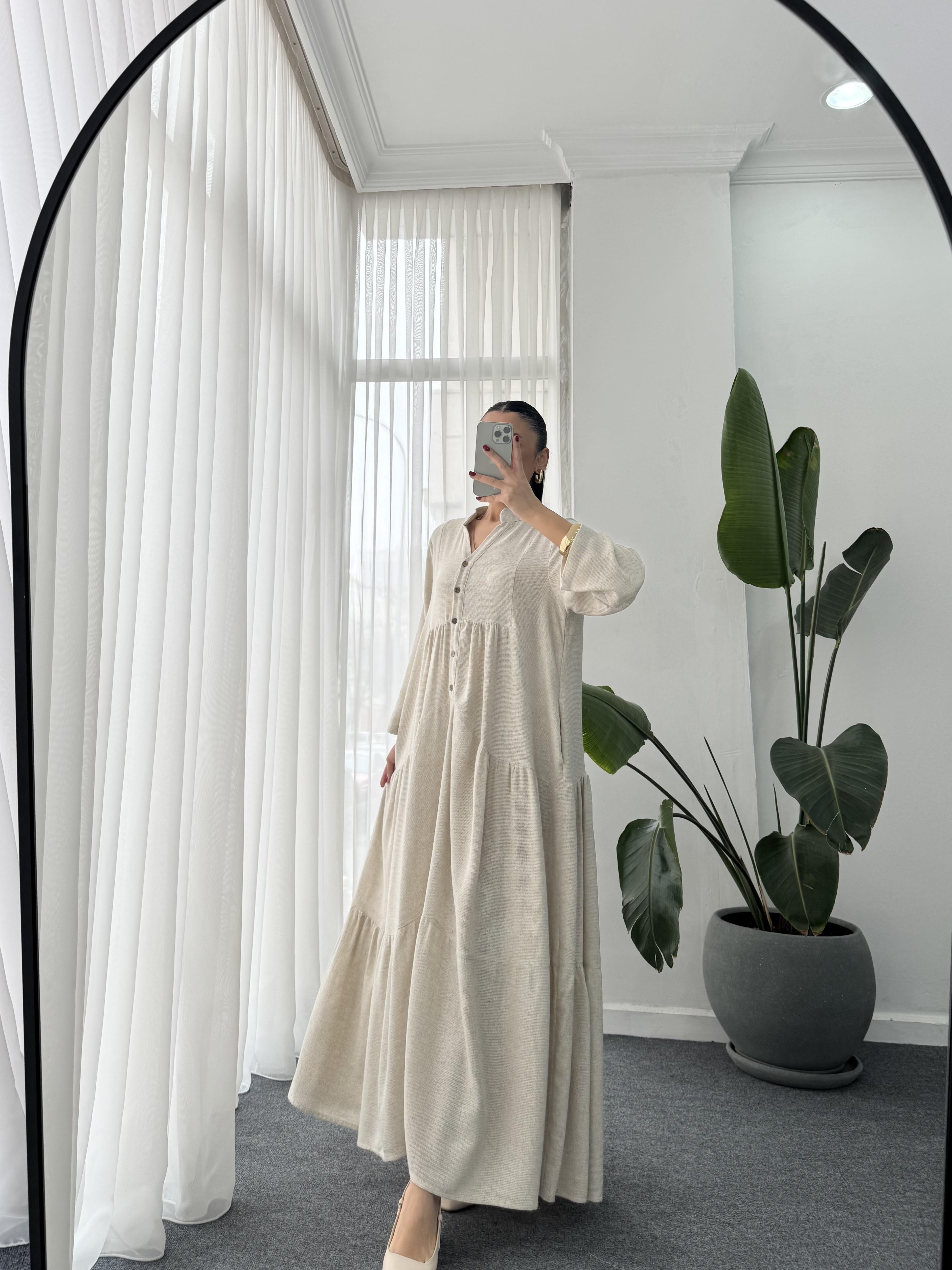 Hakim Yaka Beyaz Çizgili Oversize Elbise