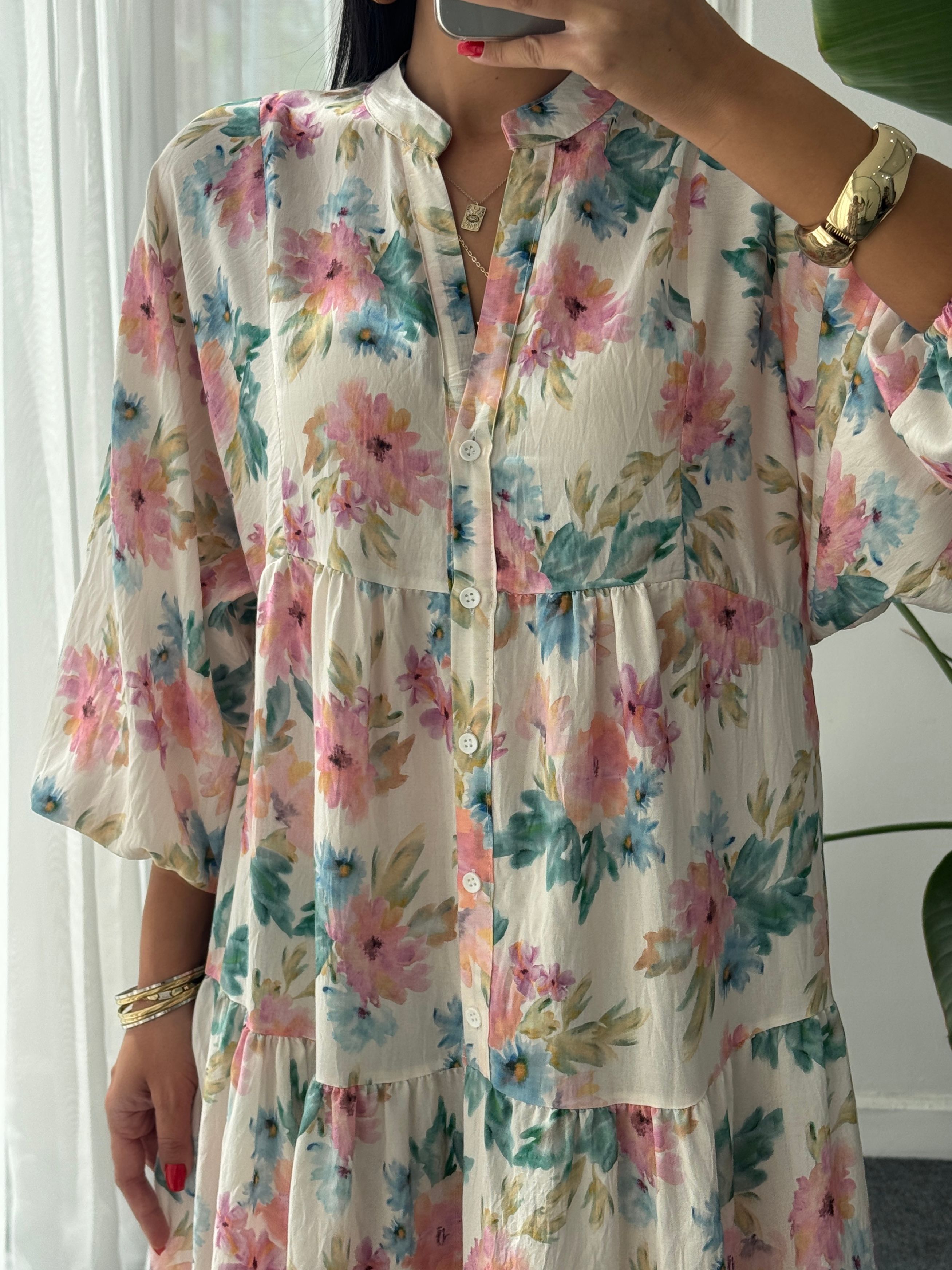 Çiçek Desen Katleya Model Elbise - Ekru 