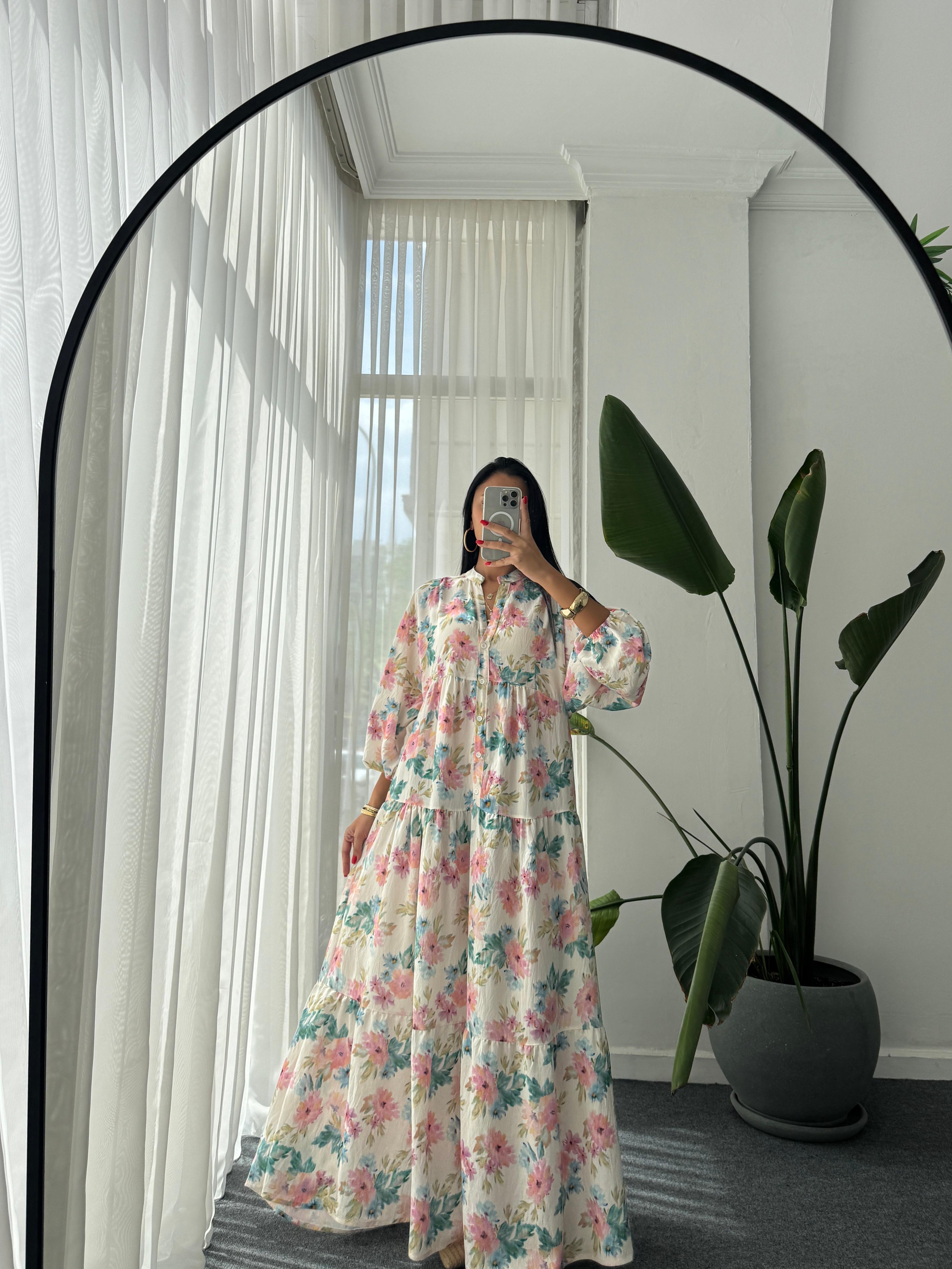 Çiçek Desen Katleya Model Elbise - Ekru 