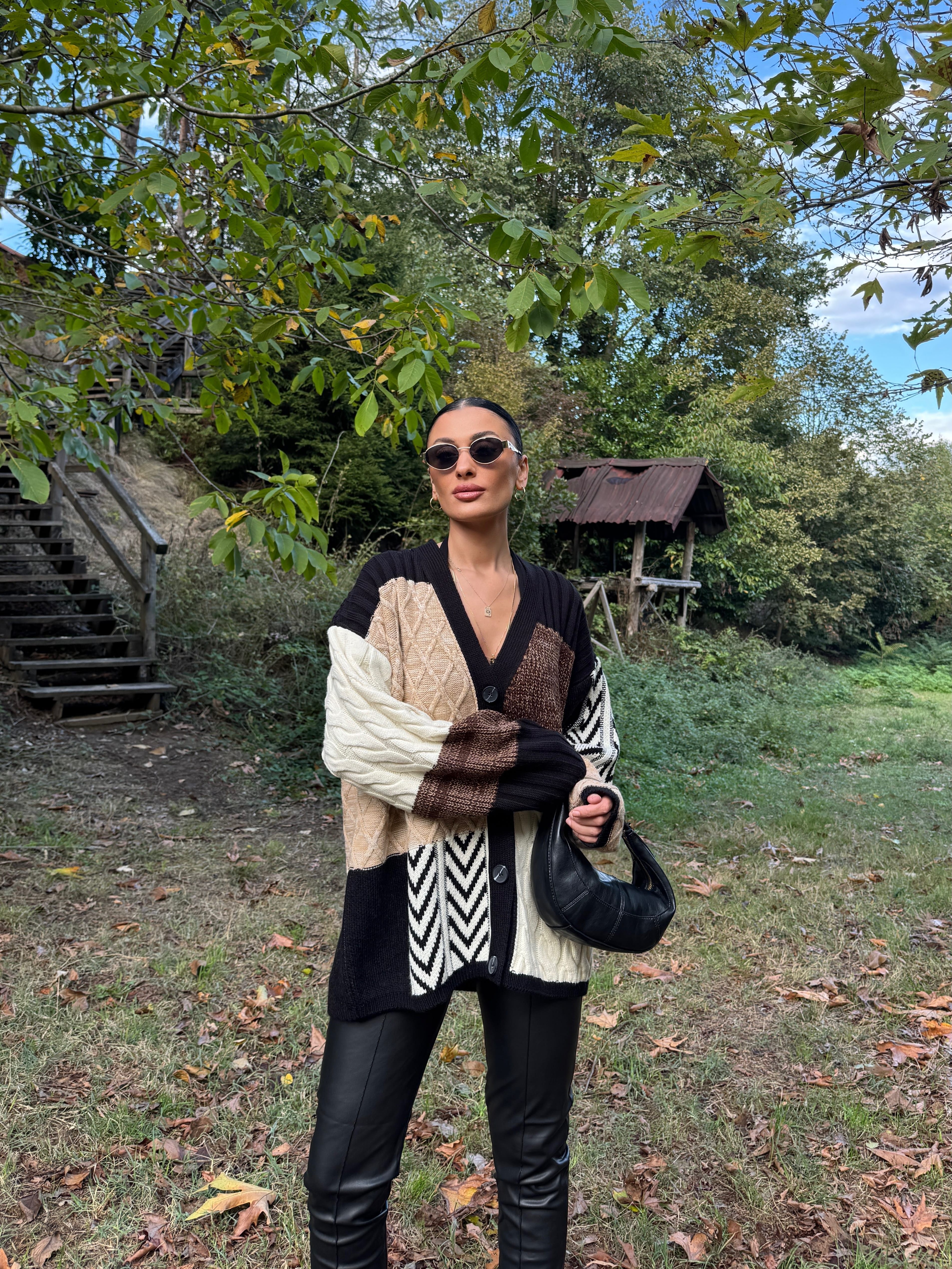 Etnik Desen Oversize Hırka - Kahve
