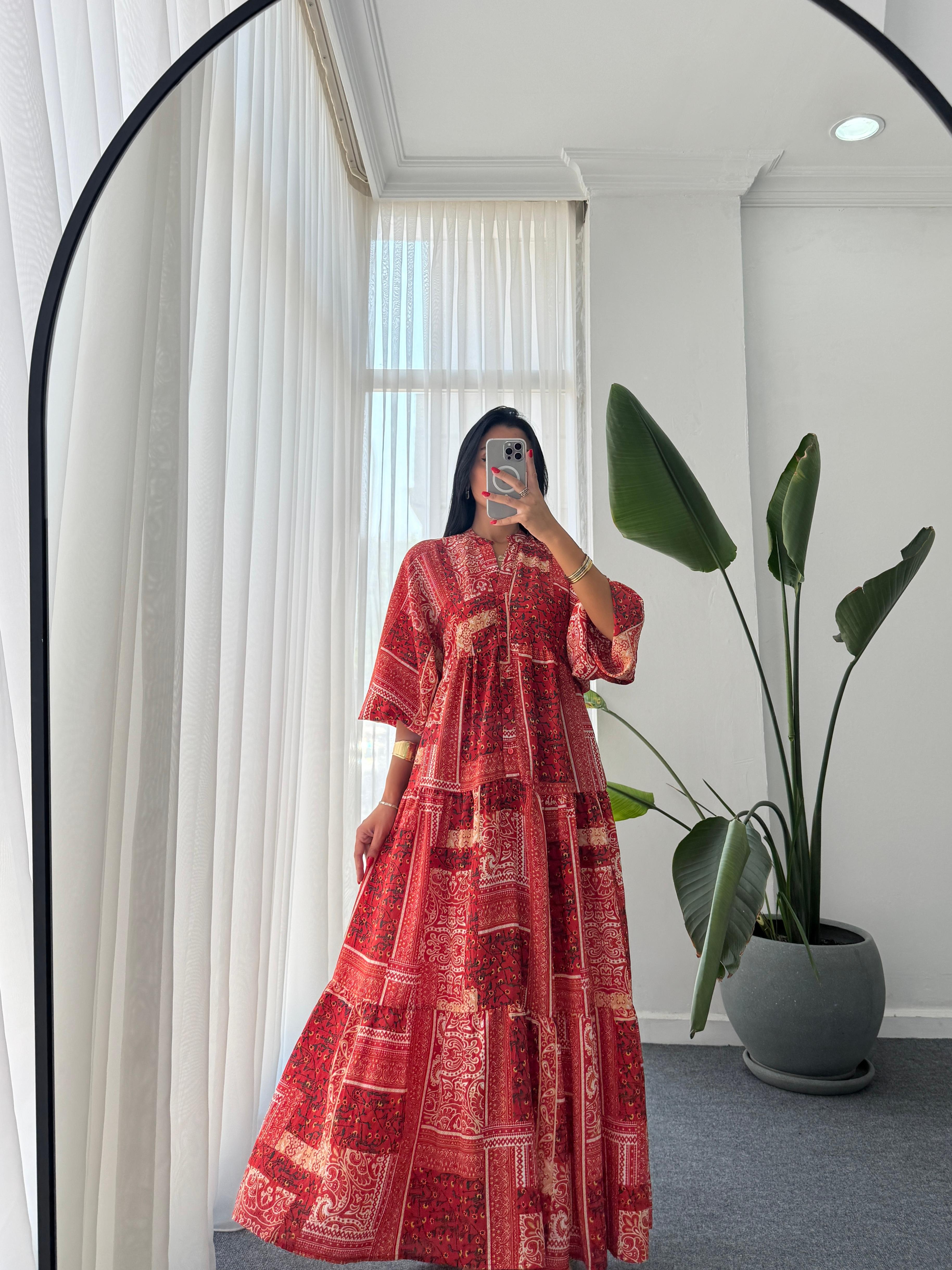 Etnik Desen Katleya Model Elbise - Kırmızı 
