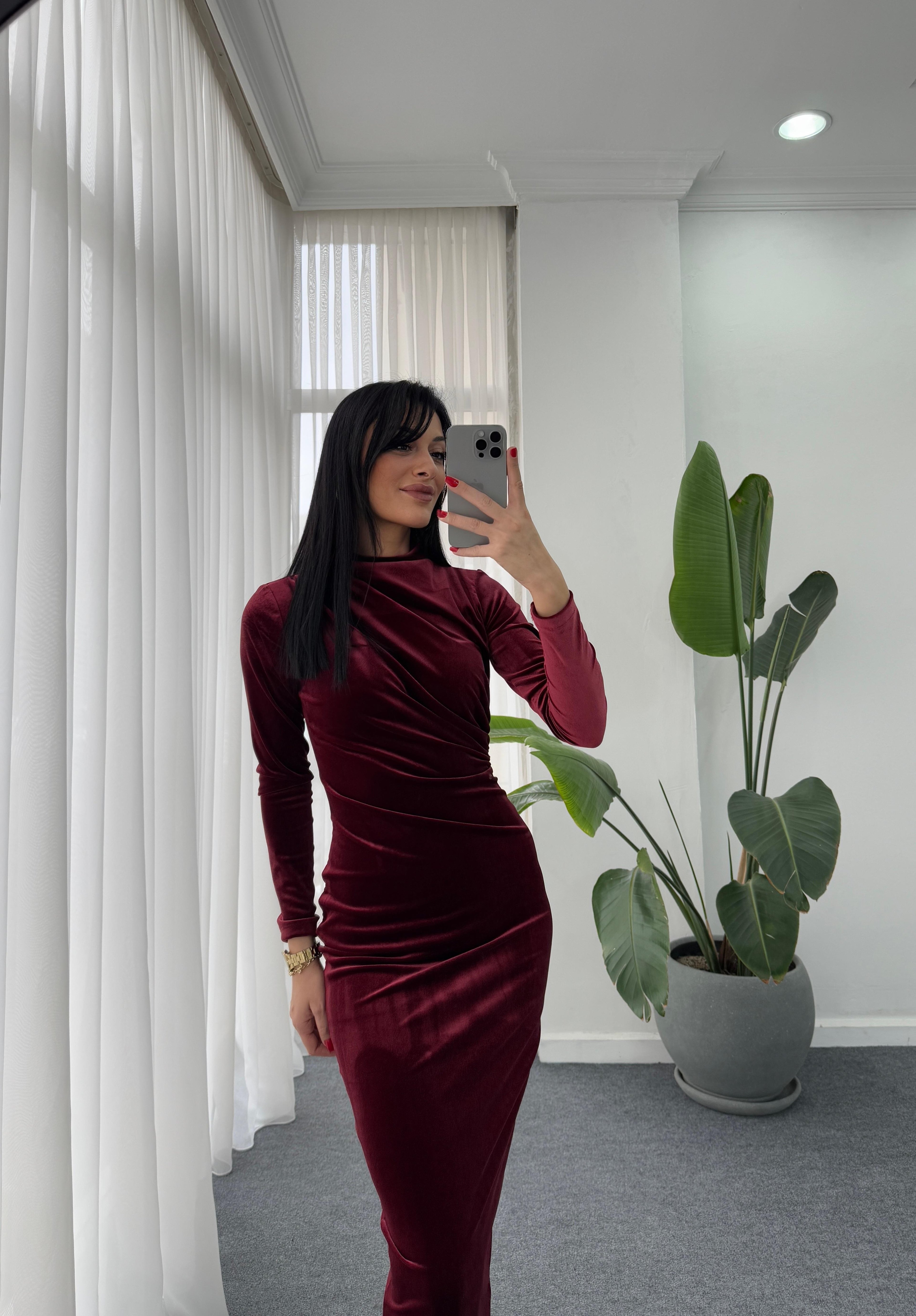 Drape Detay Kadife Elbise