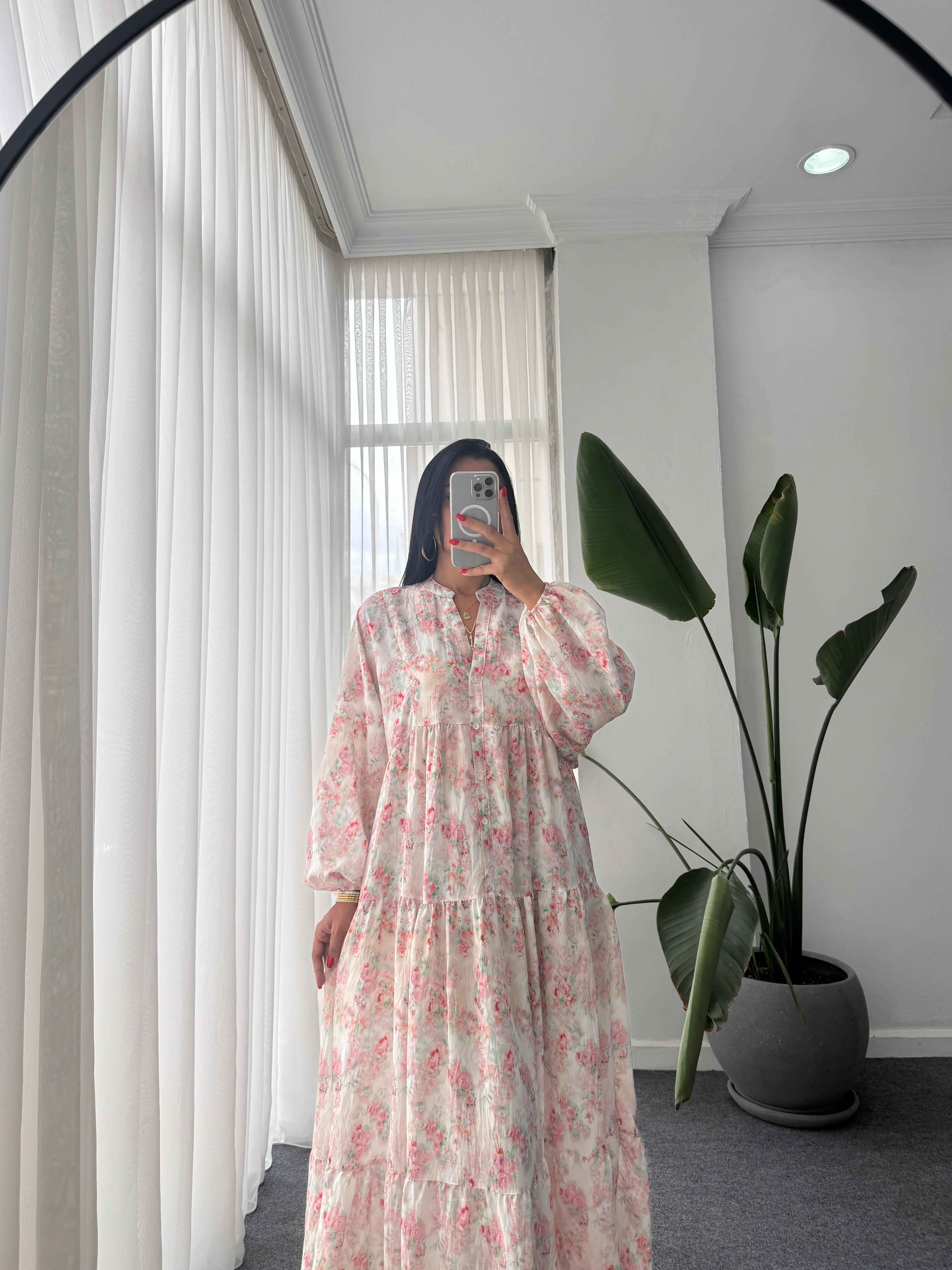 Gül Desen Katleya Model Elbise - Pembe 