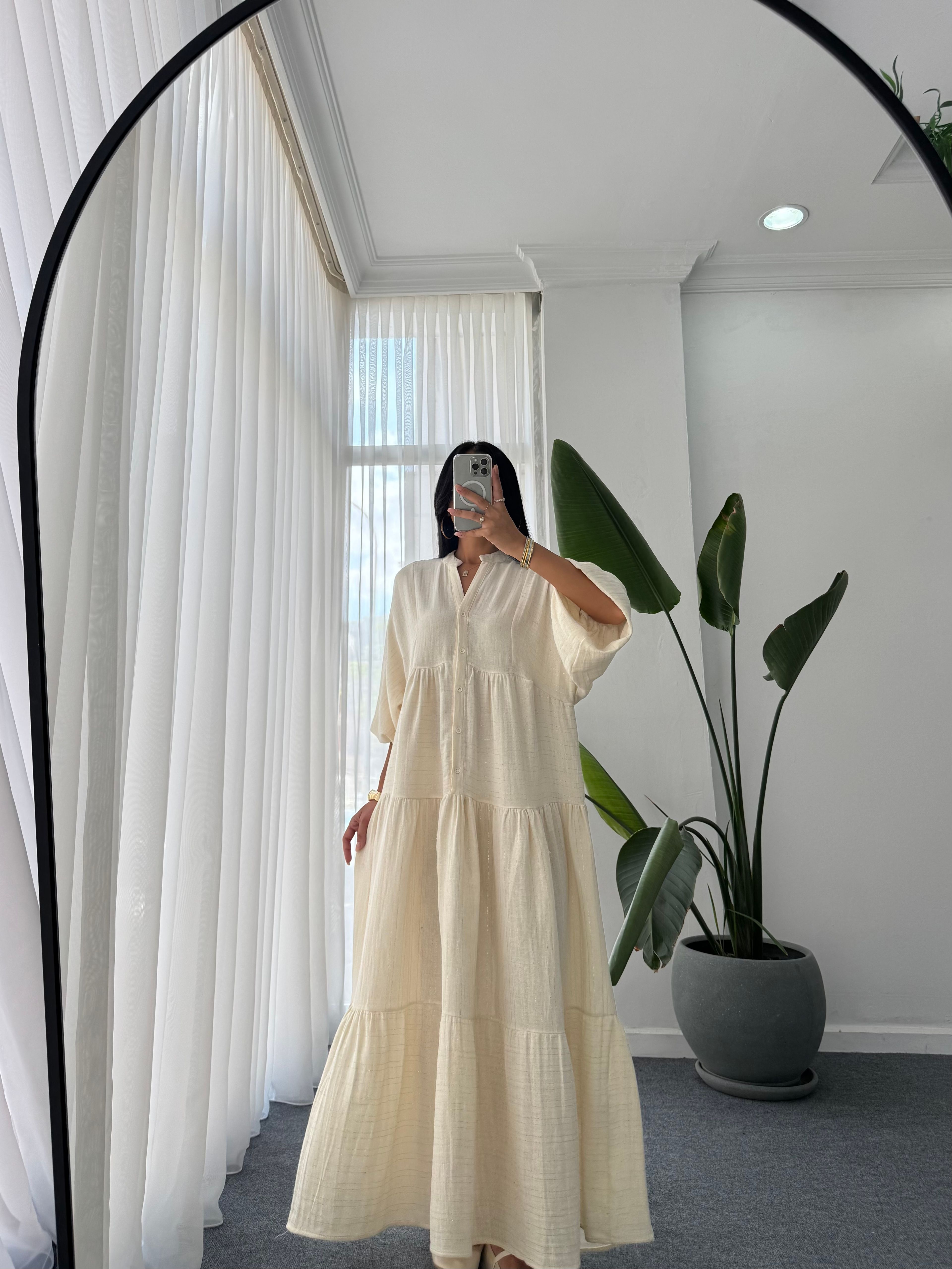 Gold Desen Katleya Model Elbise - Ekru
