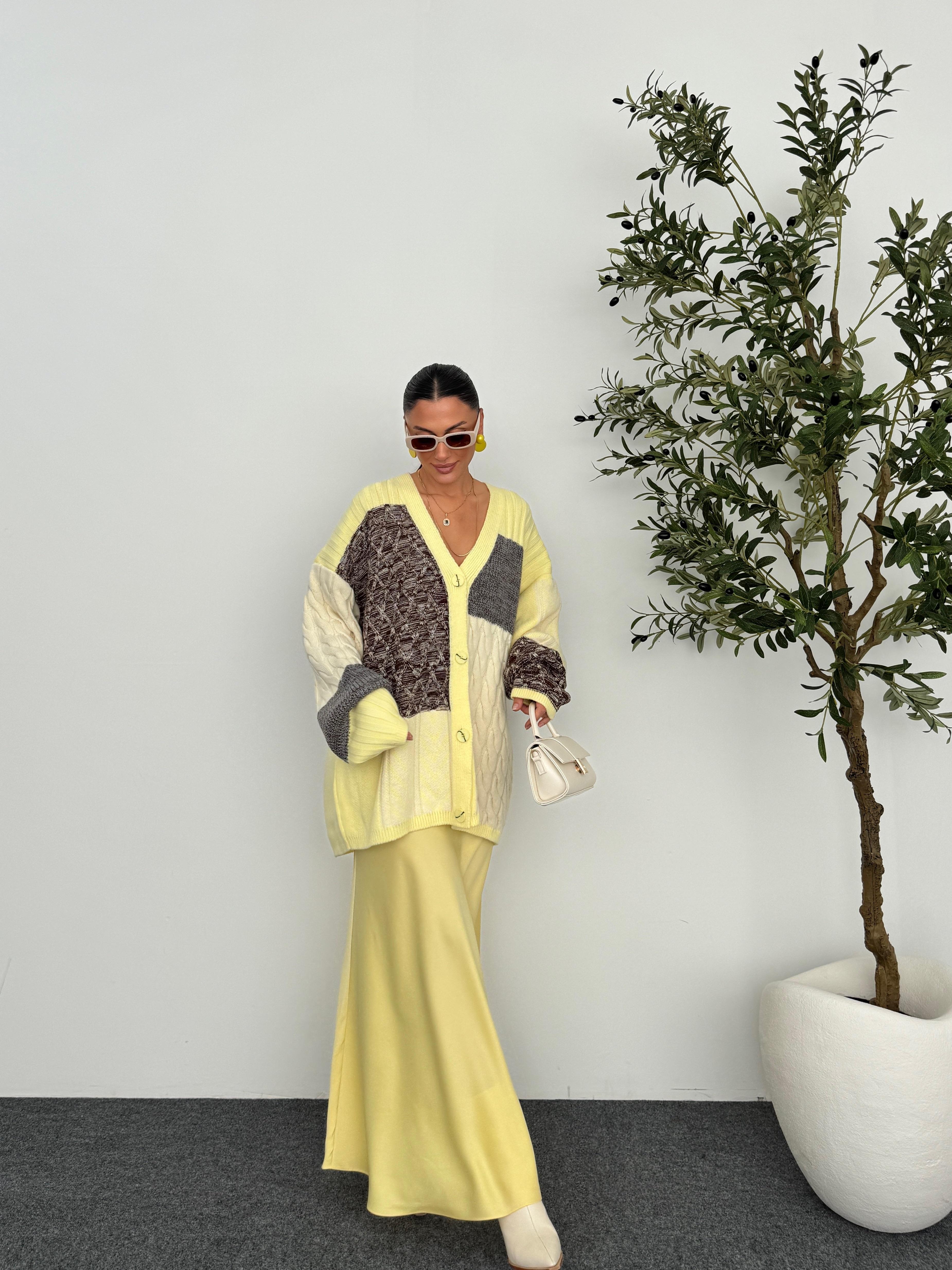 Etnik Desen Oversize Hırka  - Sarı