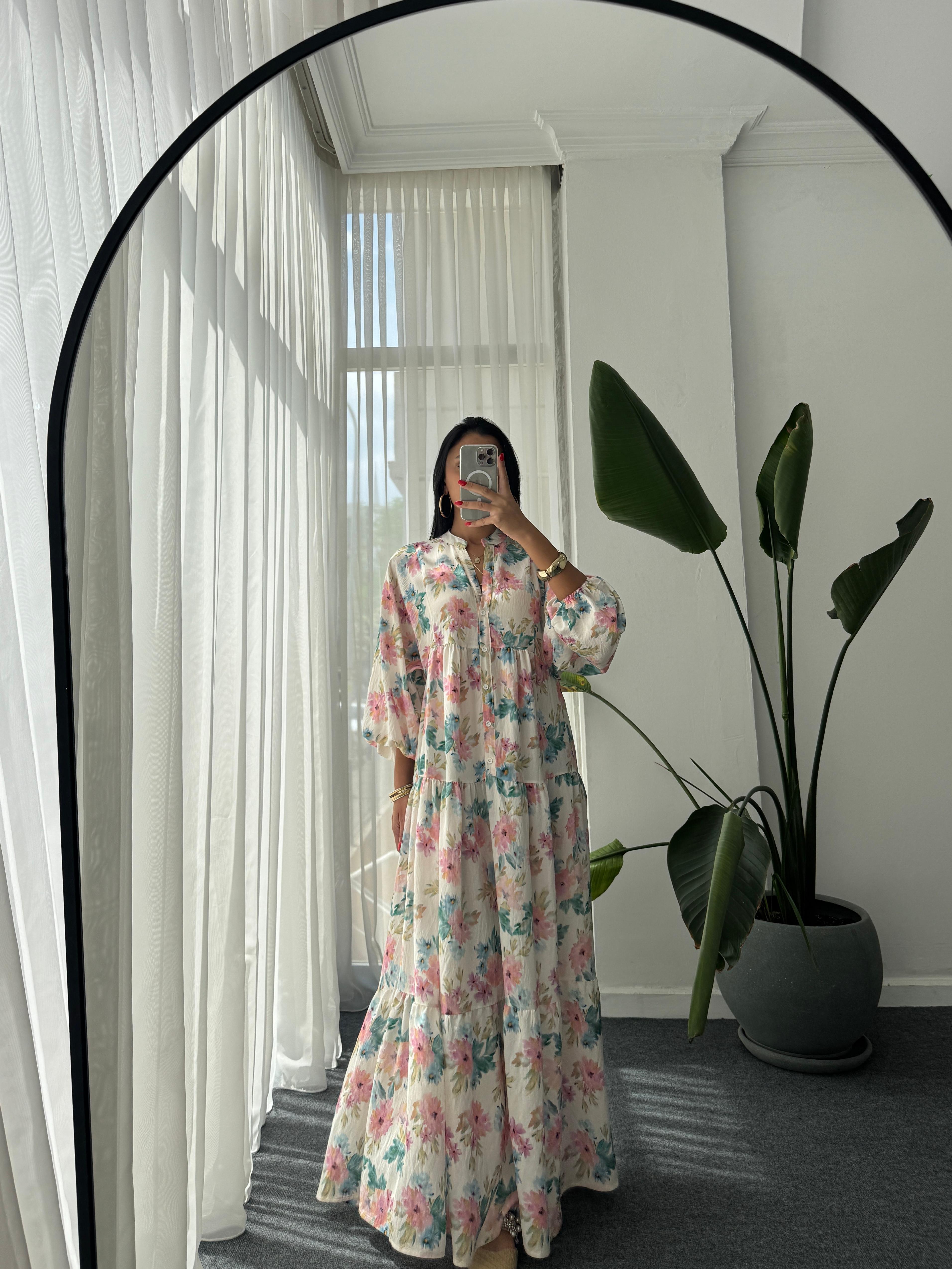 Çiçek Desen Katleya Model Elbise - Ekru 