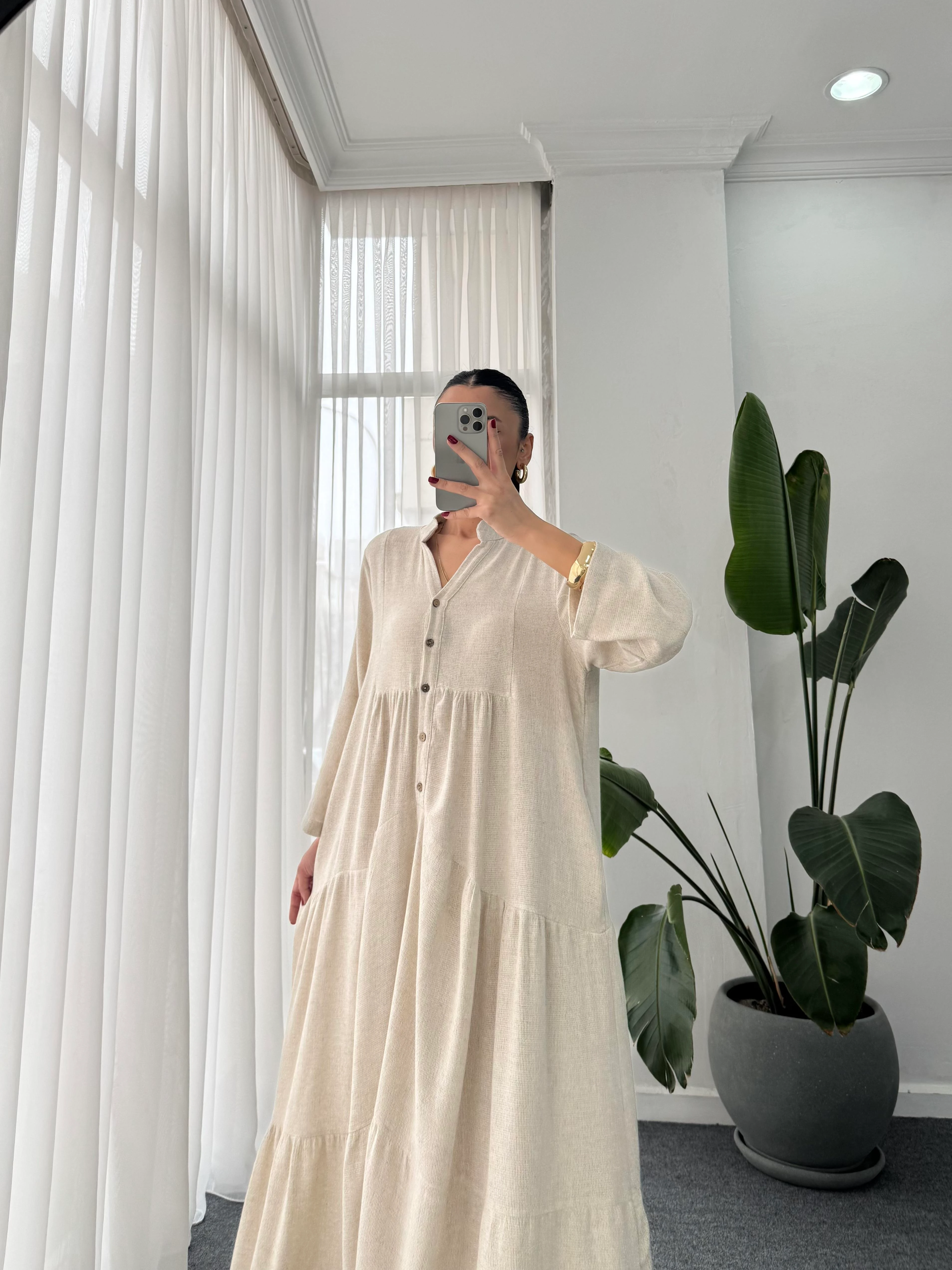 Hakim Yaka Beyaz Çizgili Oversize Elbise