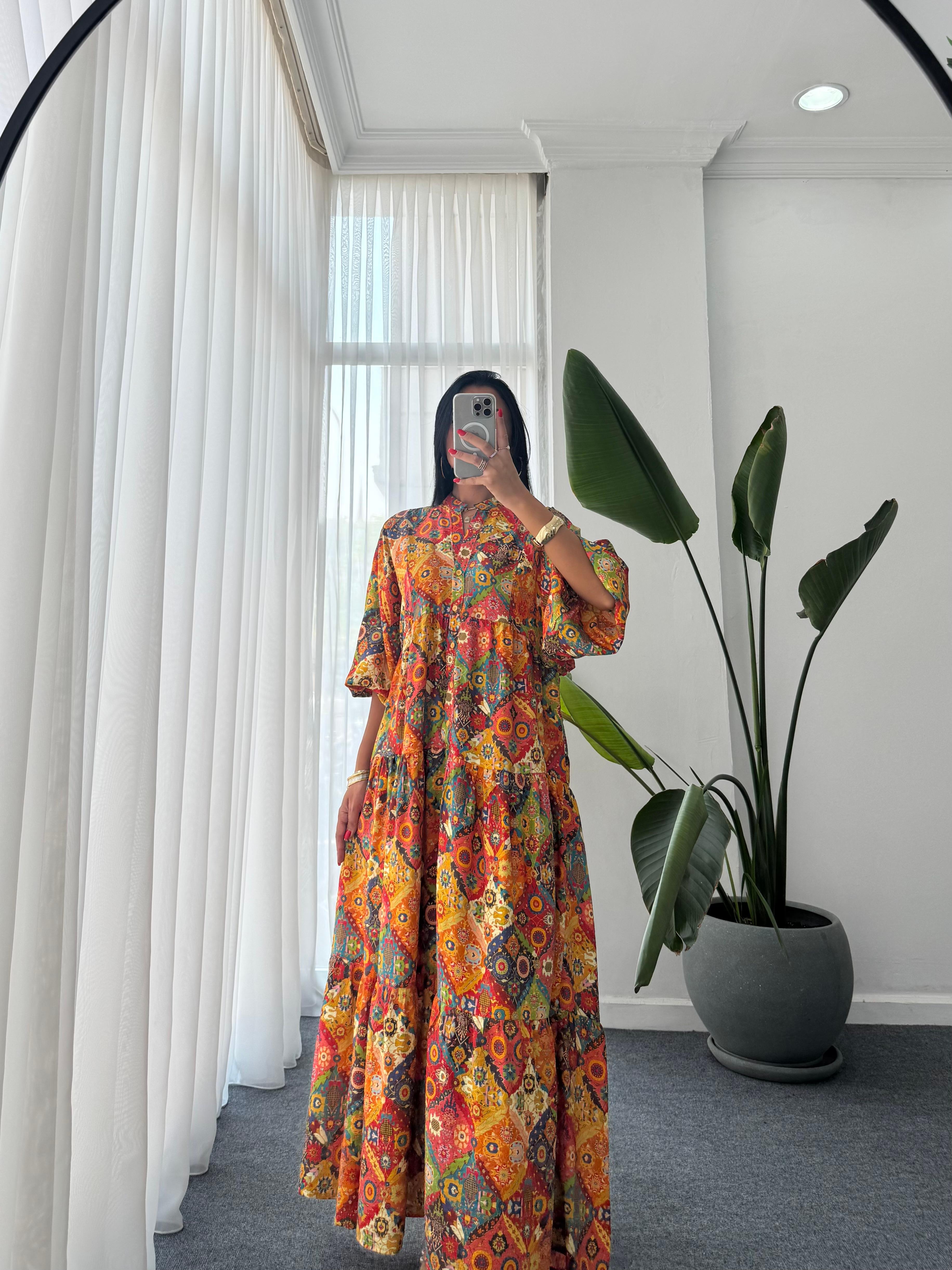 Katleya Model Etnik Desen Elbise - Renkli