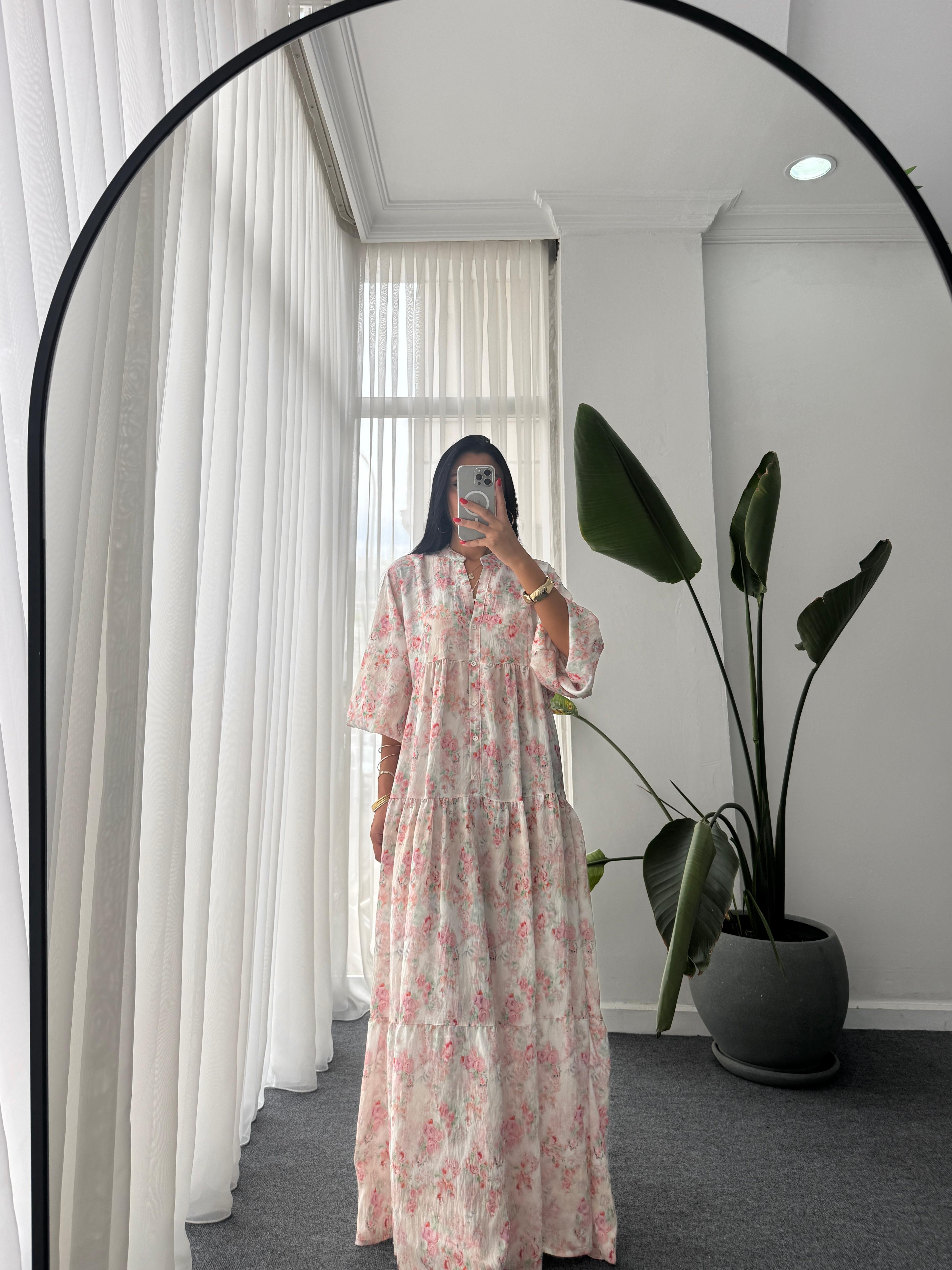 Gül Desen Katleya Model Elbise - Pembe 