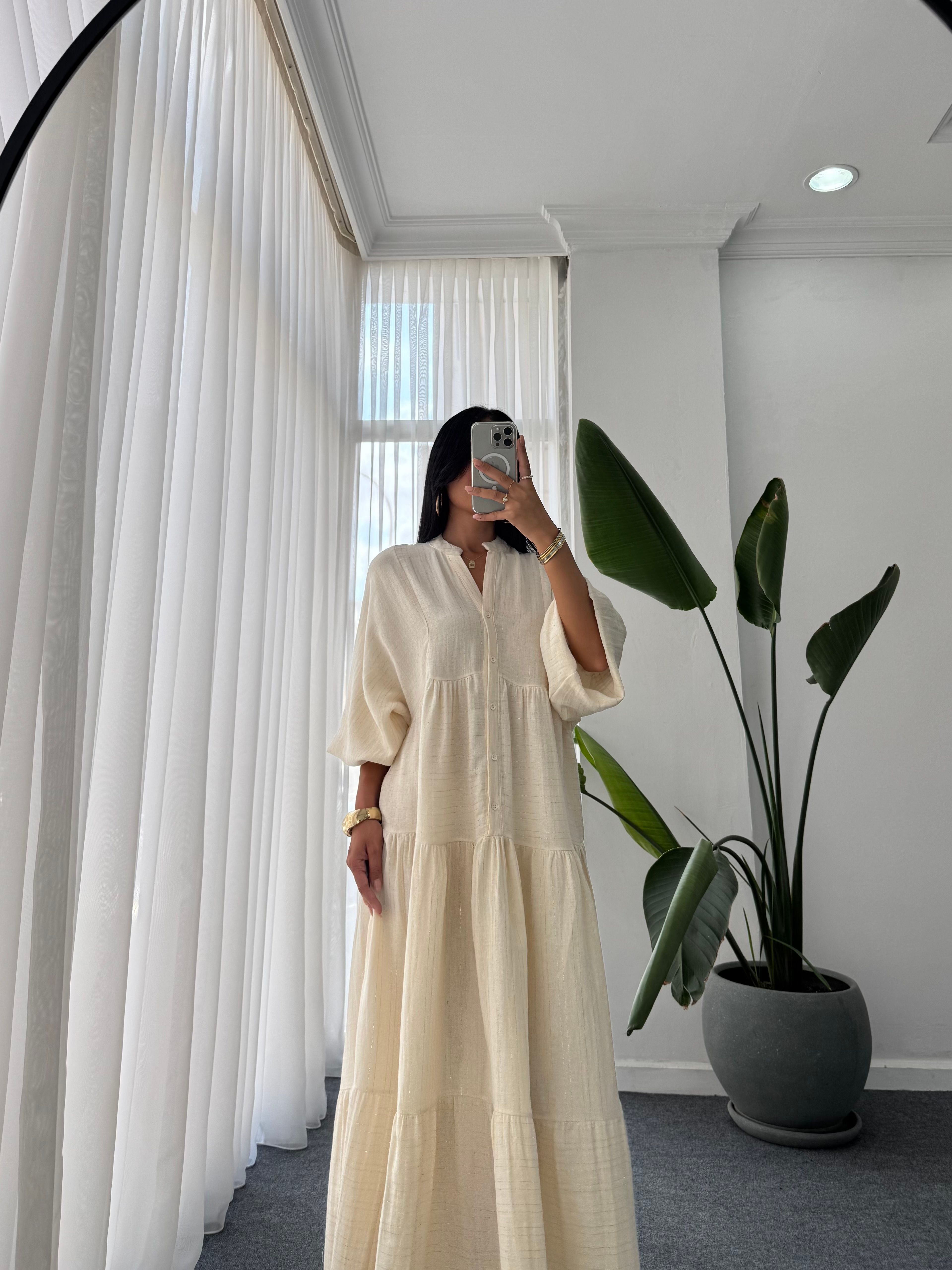 Gold Desen Katleya Model Elbise - Ekru