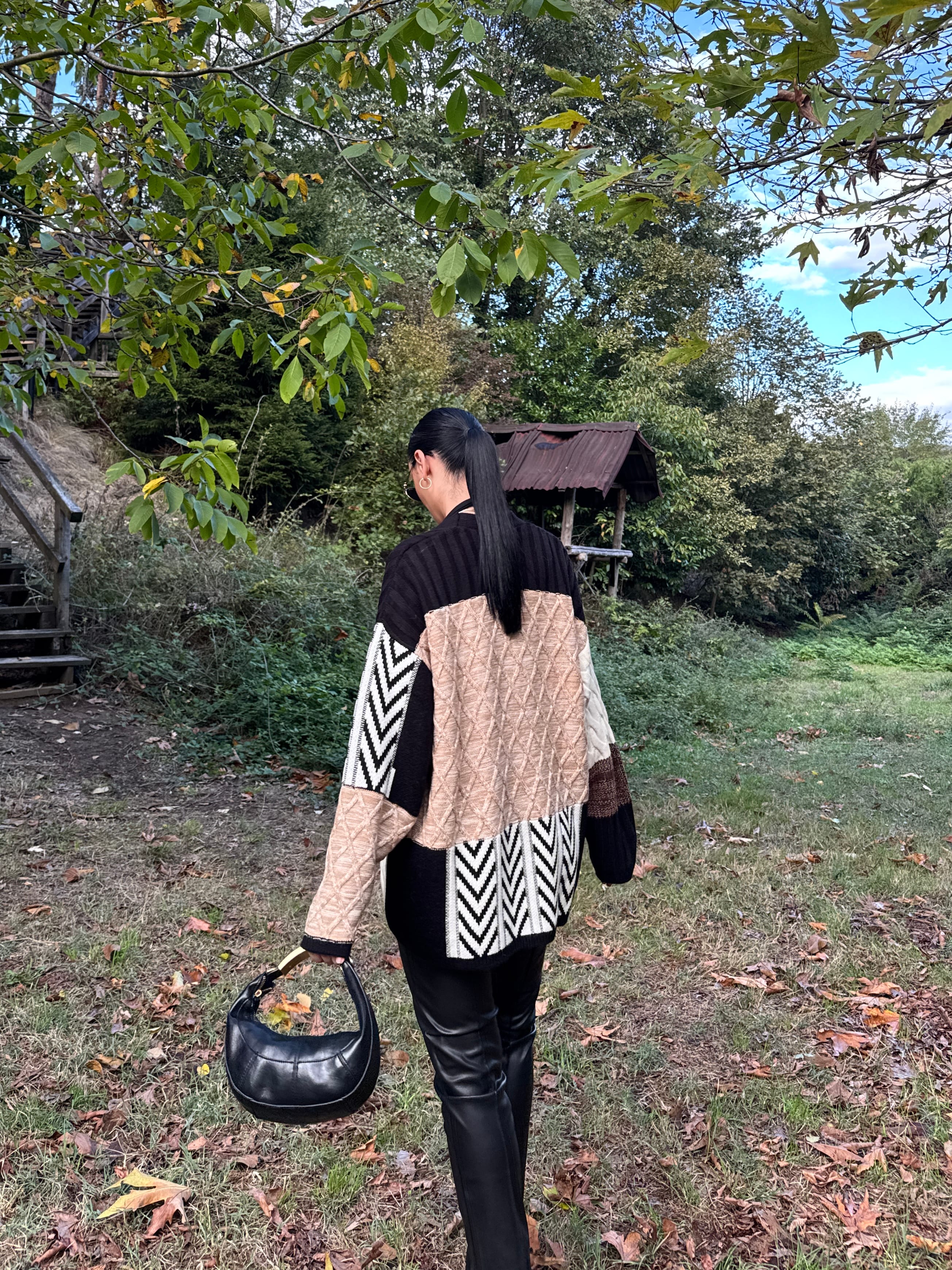 Etnik Desen Oversize Hırka - Kahve