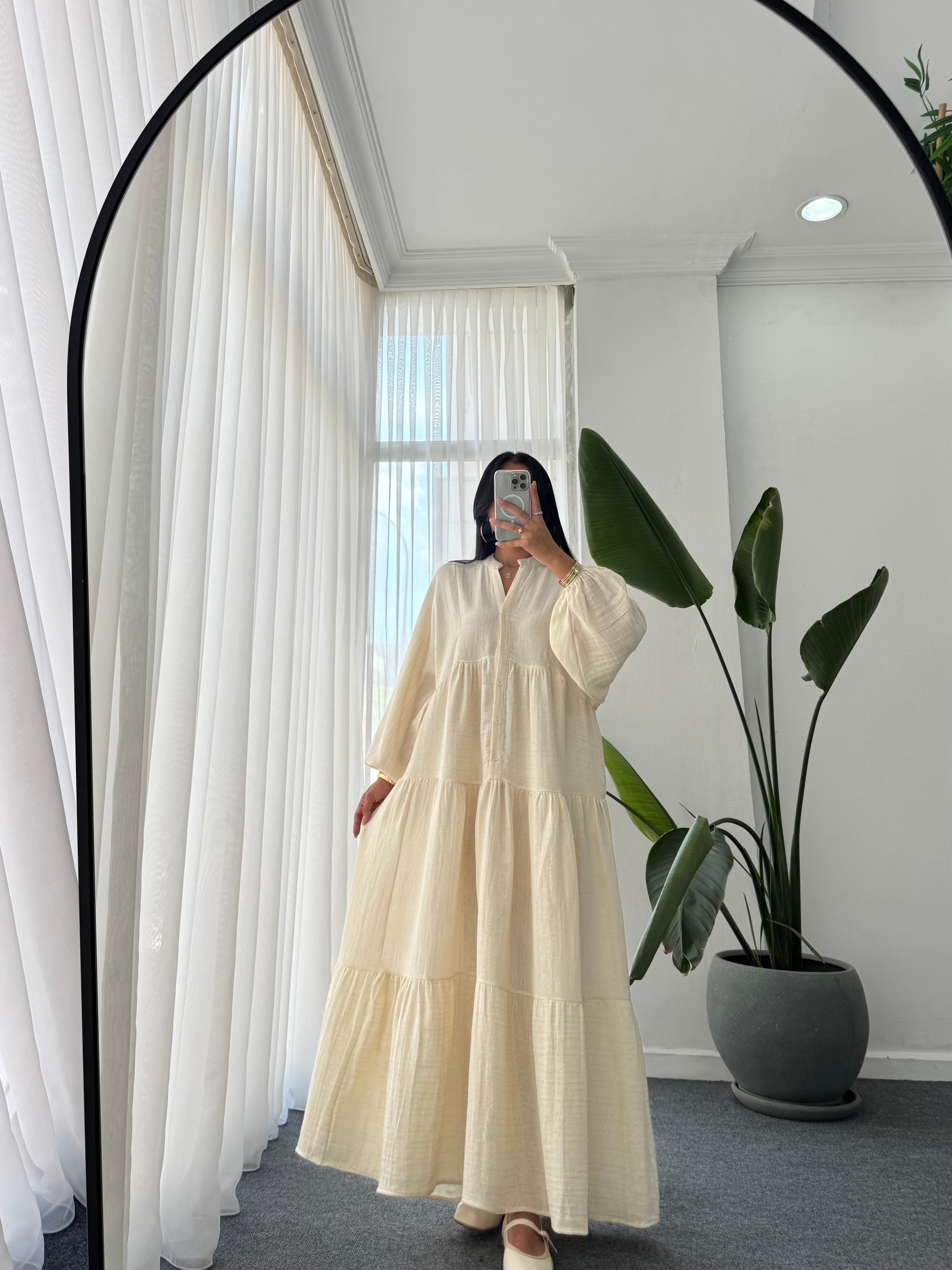 Gold Desen Katleya Model Elbise - Ekru