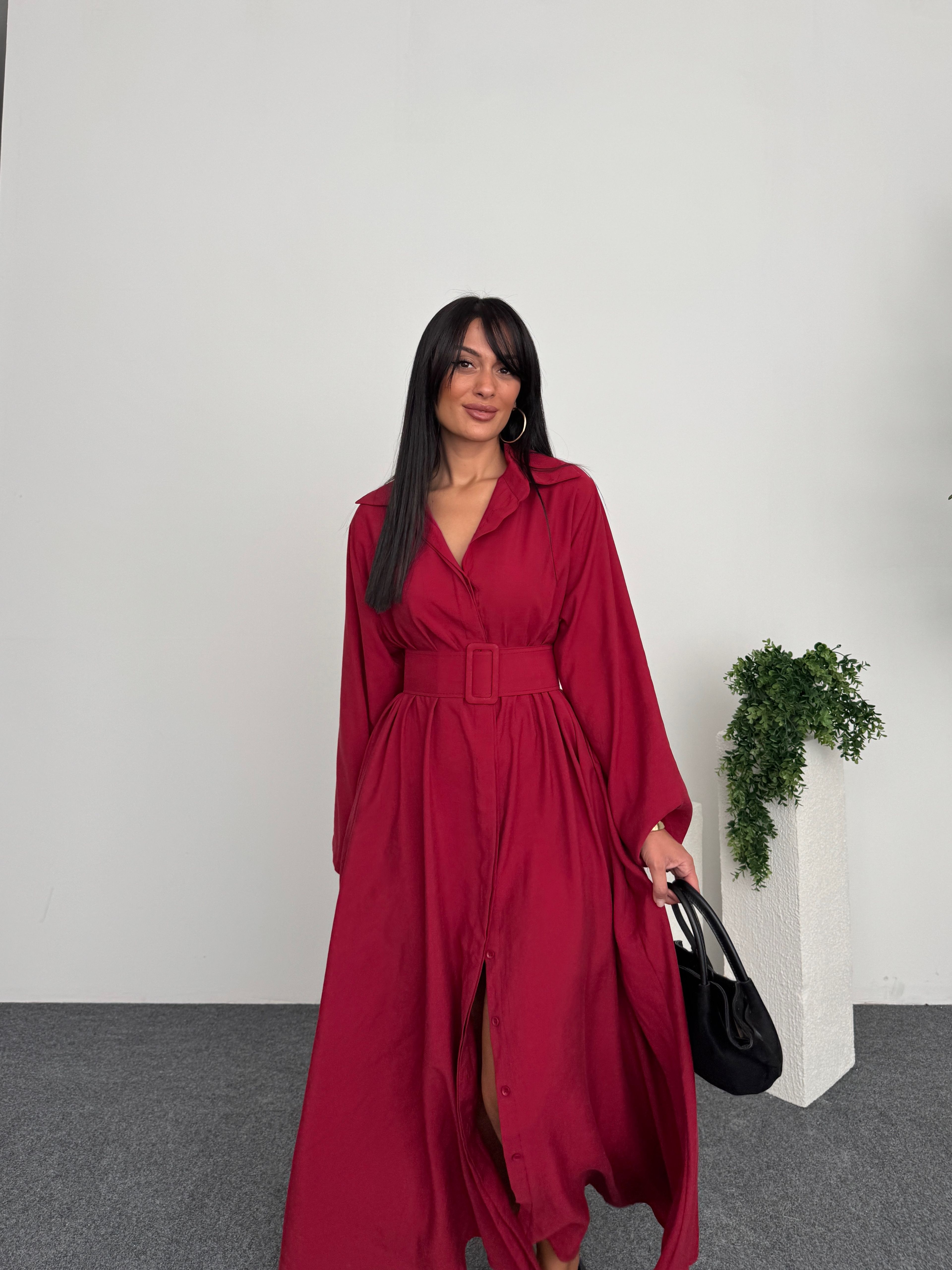 Hakim Yaka Oversize Kemerli Elbise