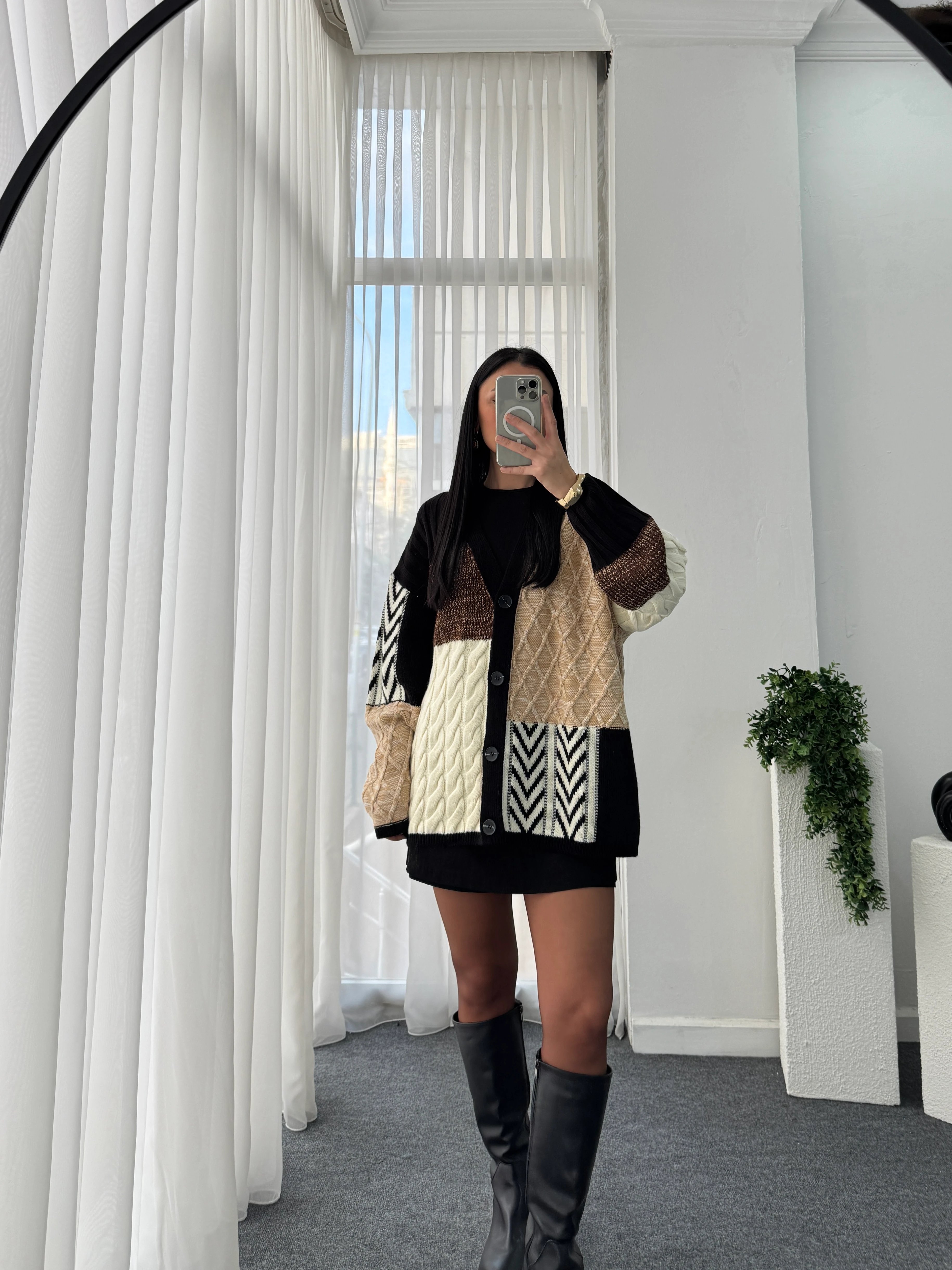 Etnik Desen Oversize Hırka - Kahve