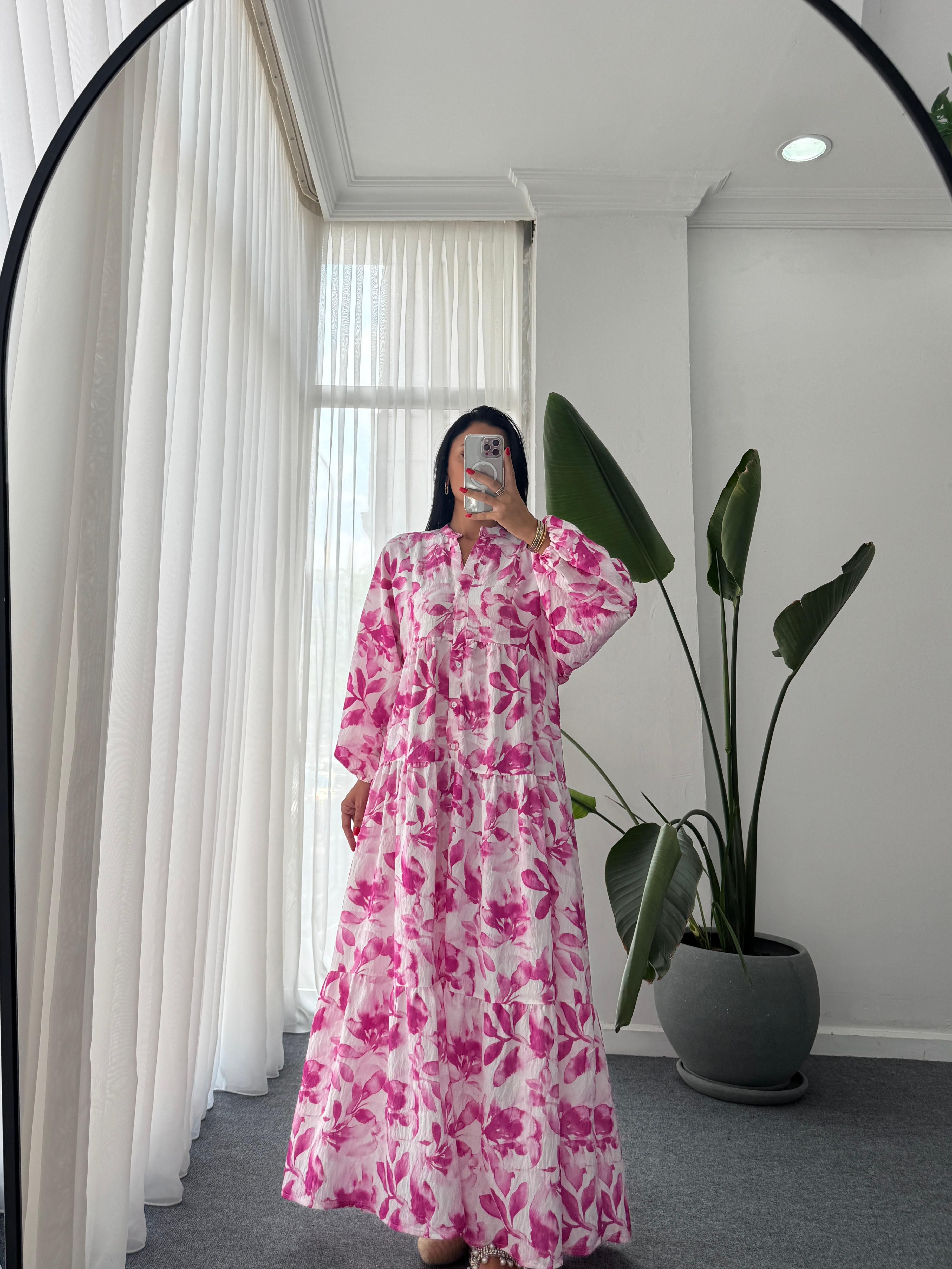 Çiçek Desen Hakim Yaka Elbise  - Pembe
