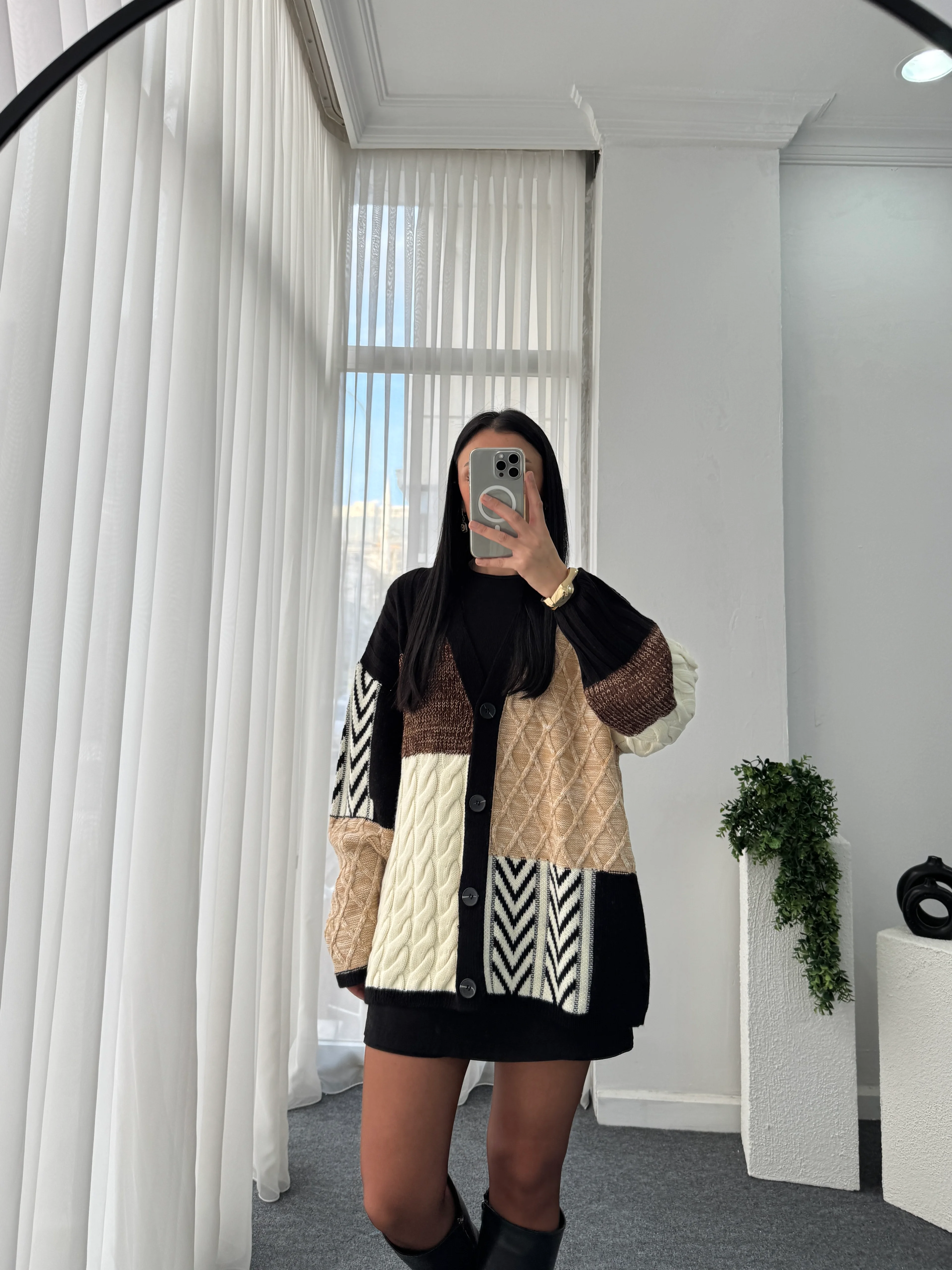 Etnik Desen Oversize Hırka - Kahve