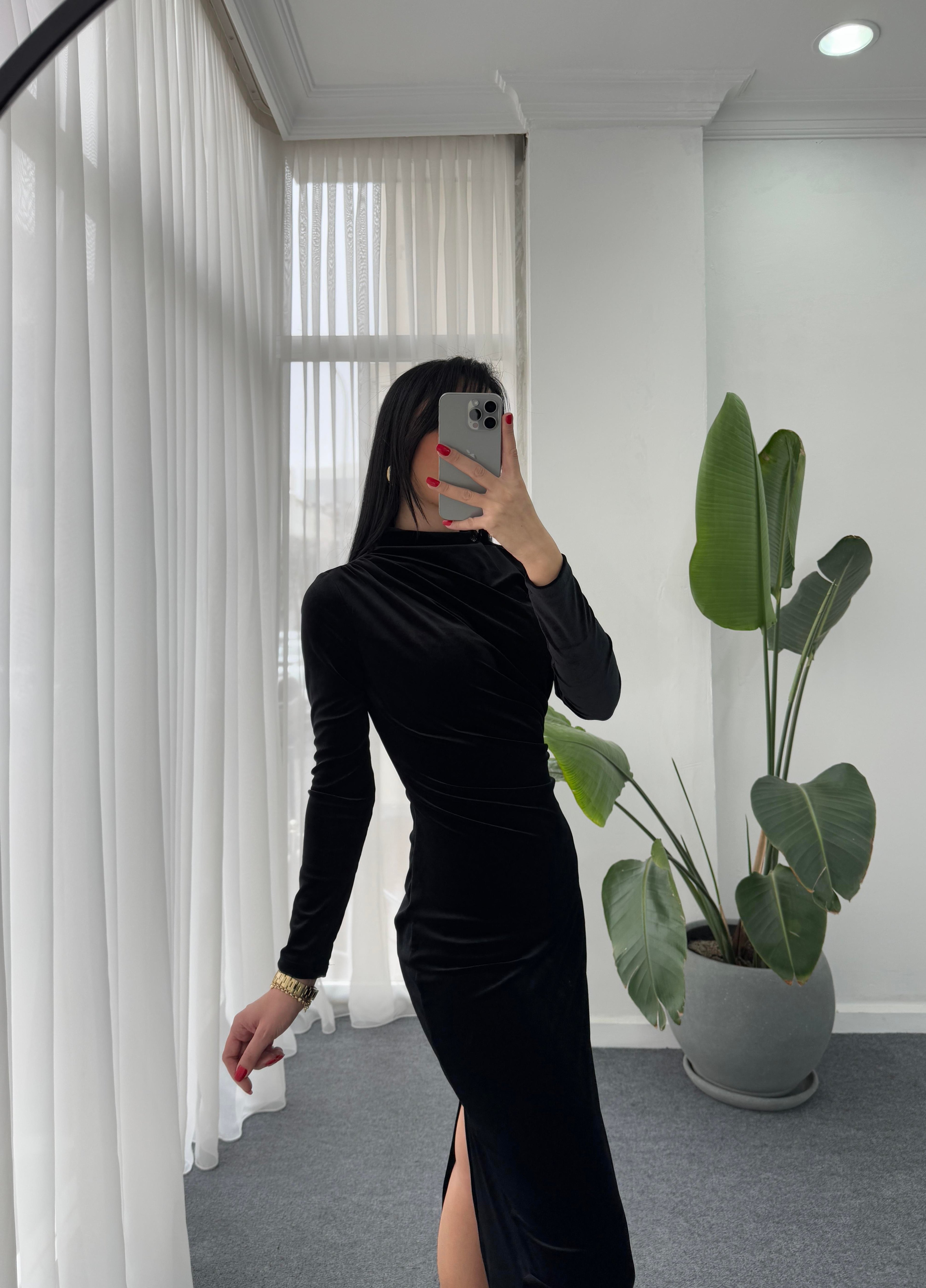 Drape Detay Kadife Elbise