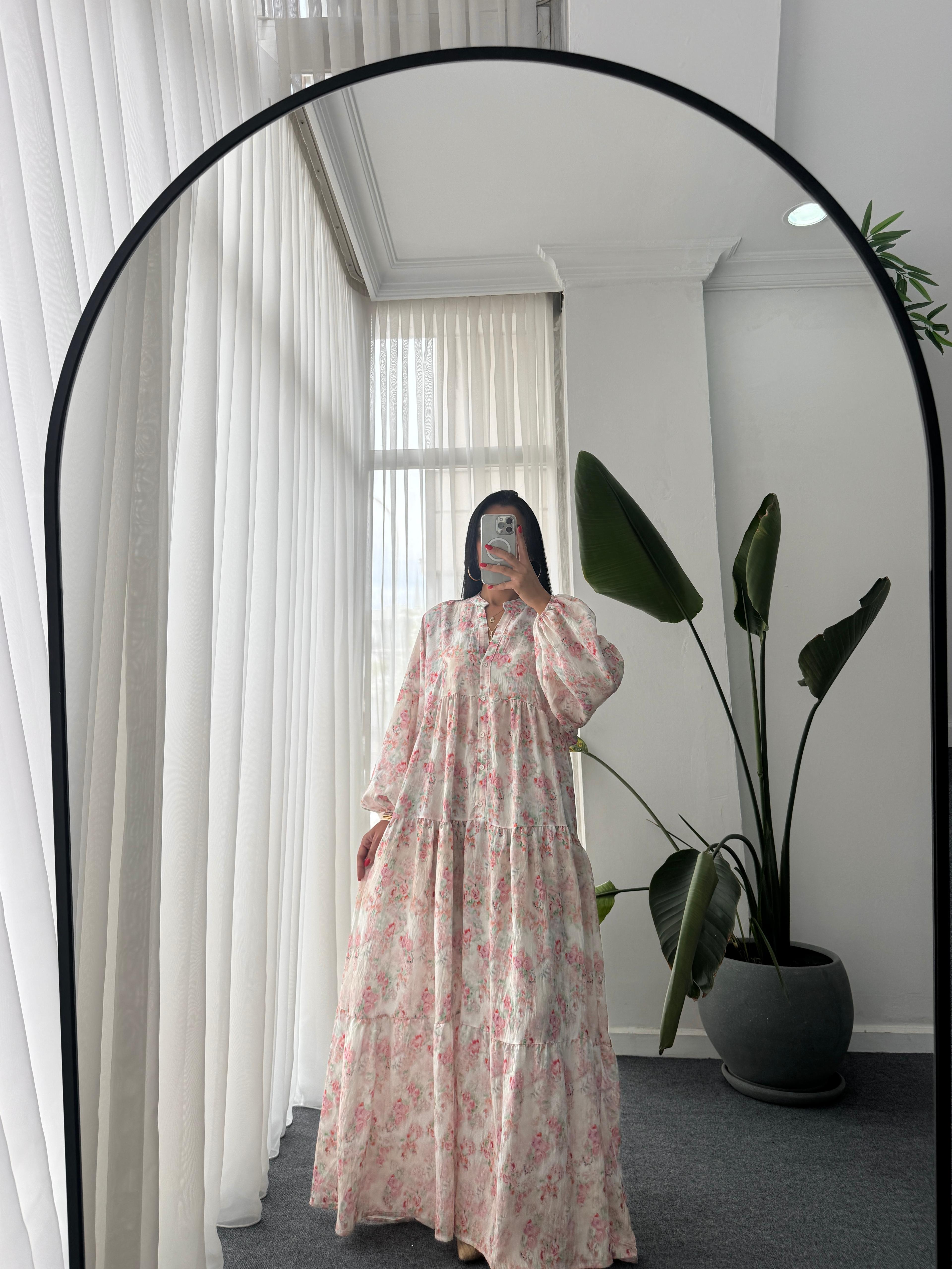 Gül Desen Katleya Model Elbise - Pembe 