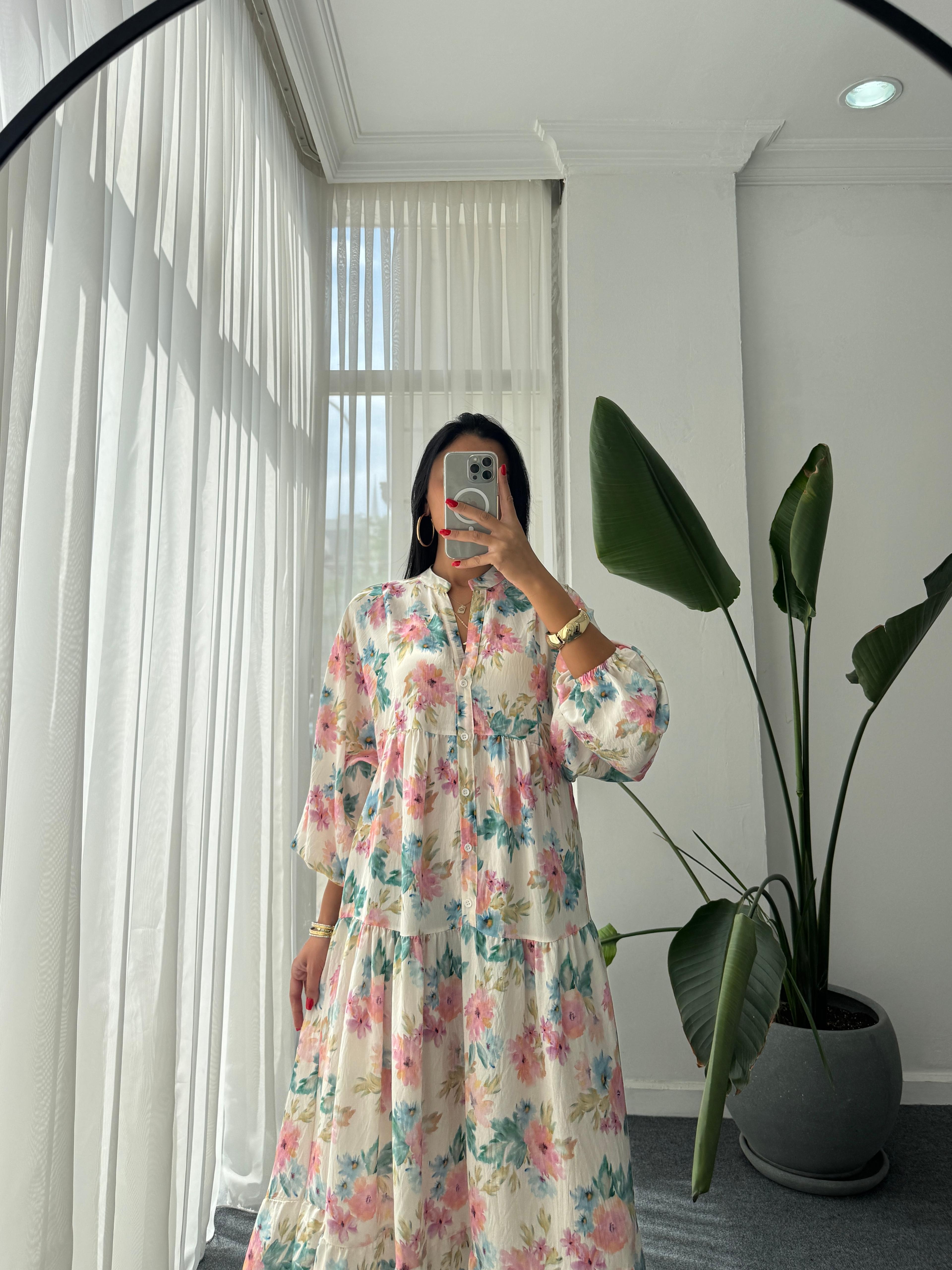 Çiçek Desen Katleya Model Elbise - Ekru 