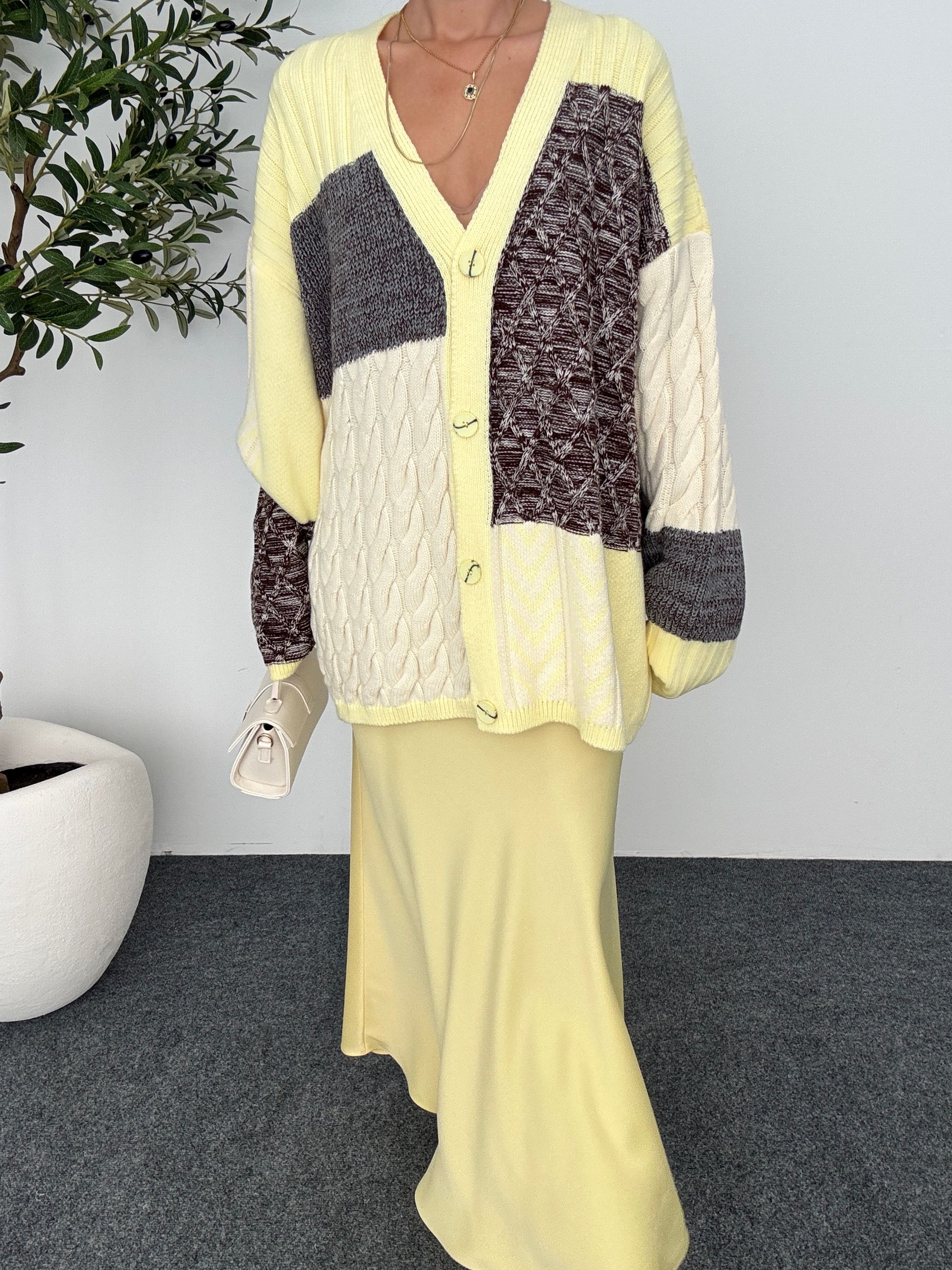 Etnik Desen Oversize Hırka  - Sarı