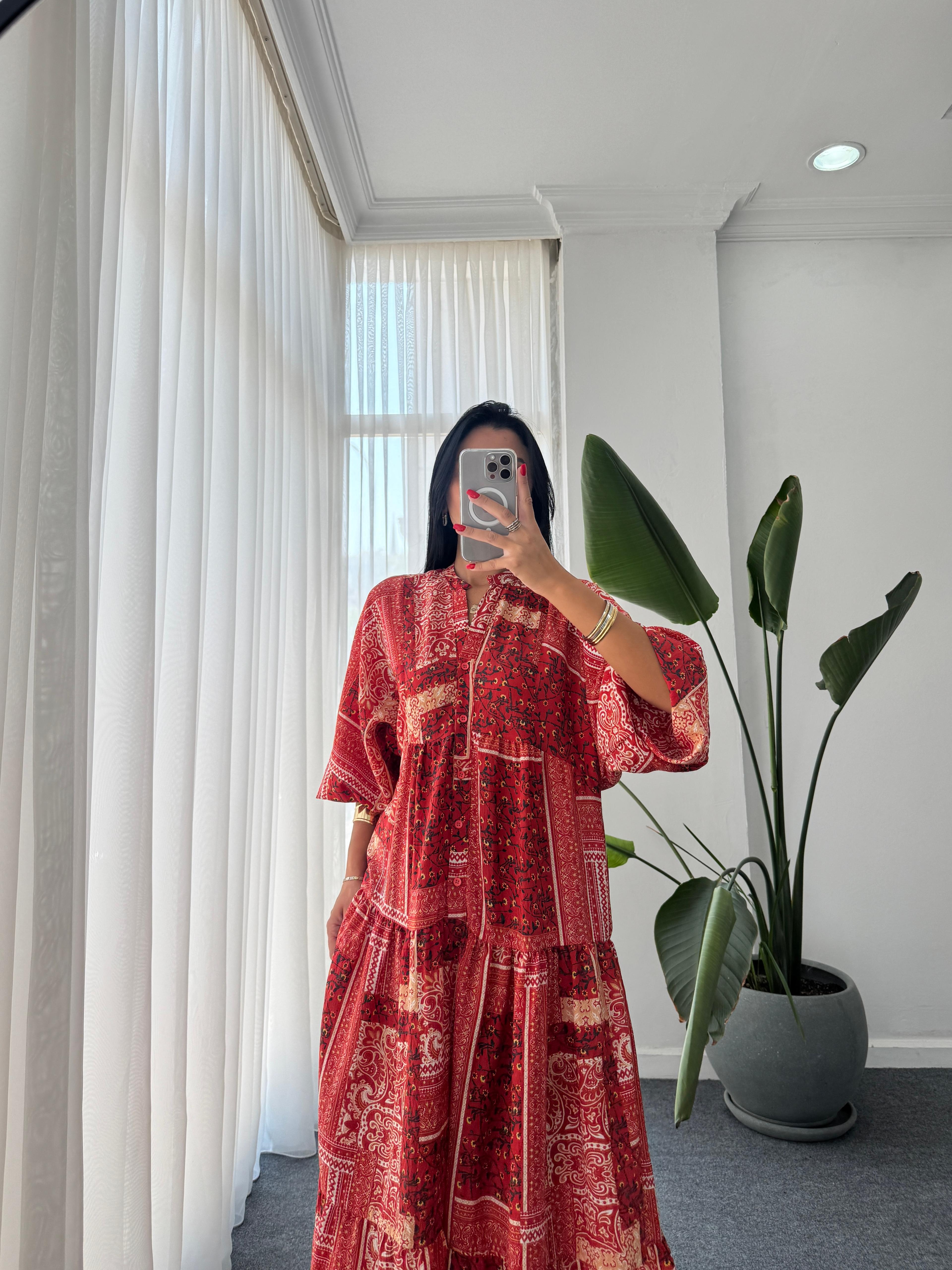 Etnik Desen Katleya Model Elbise - Kırmızı 