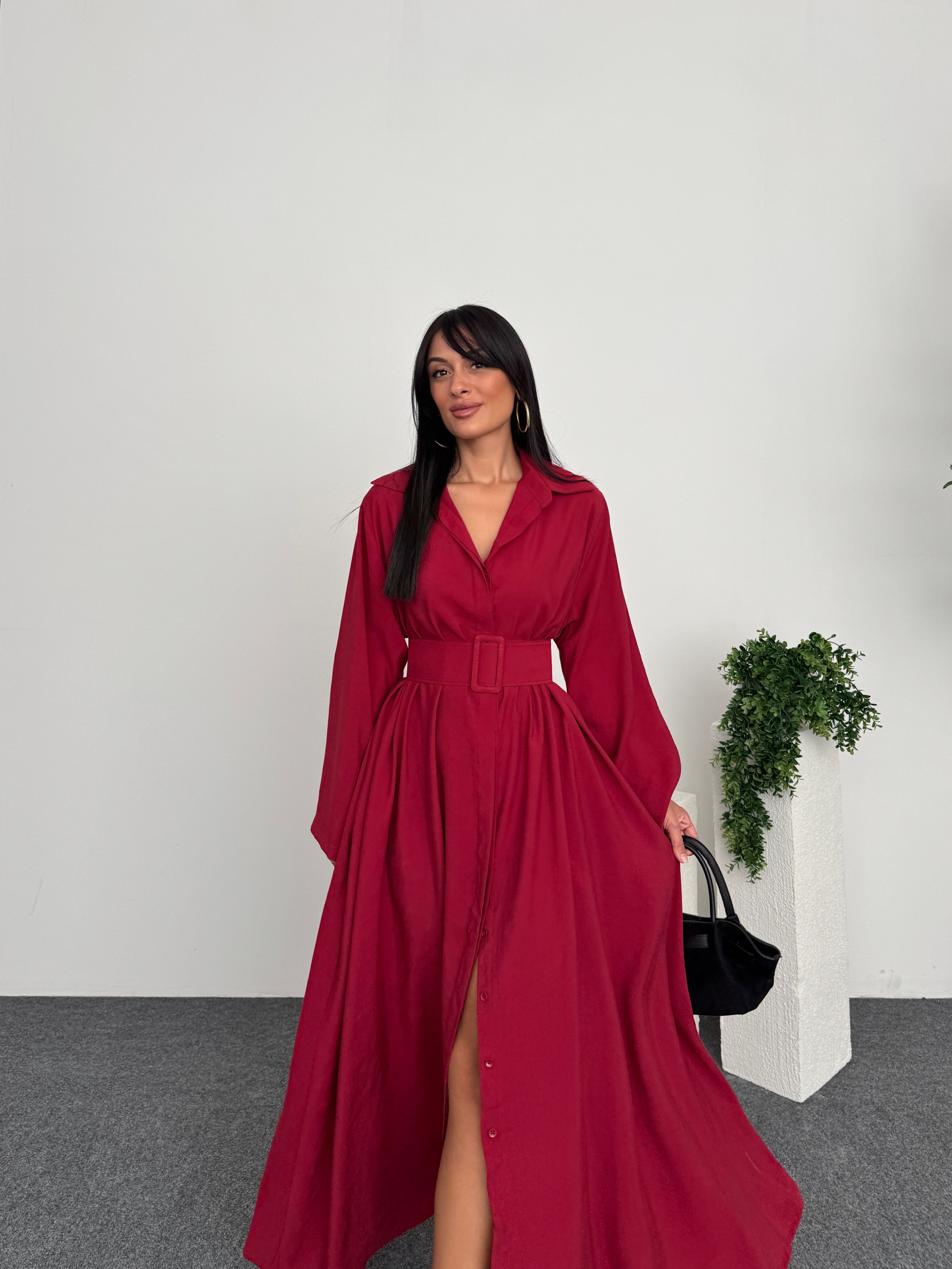 Hakim Yaka Oversize Kemerli Elbise